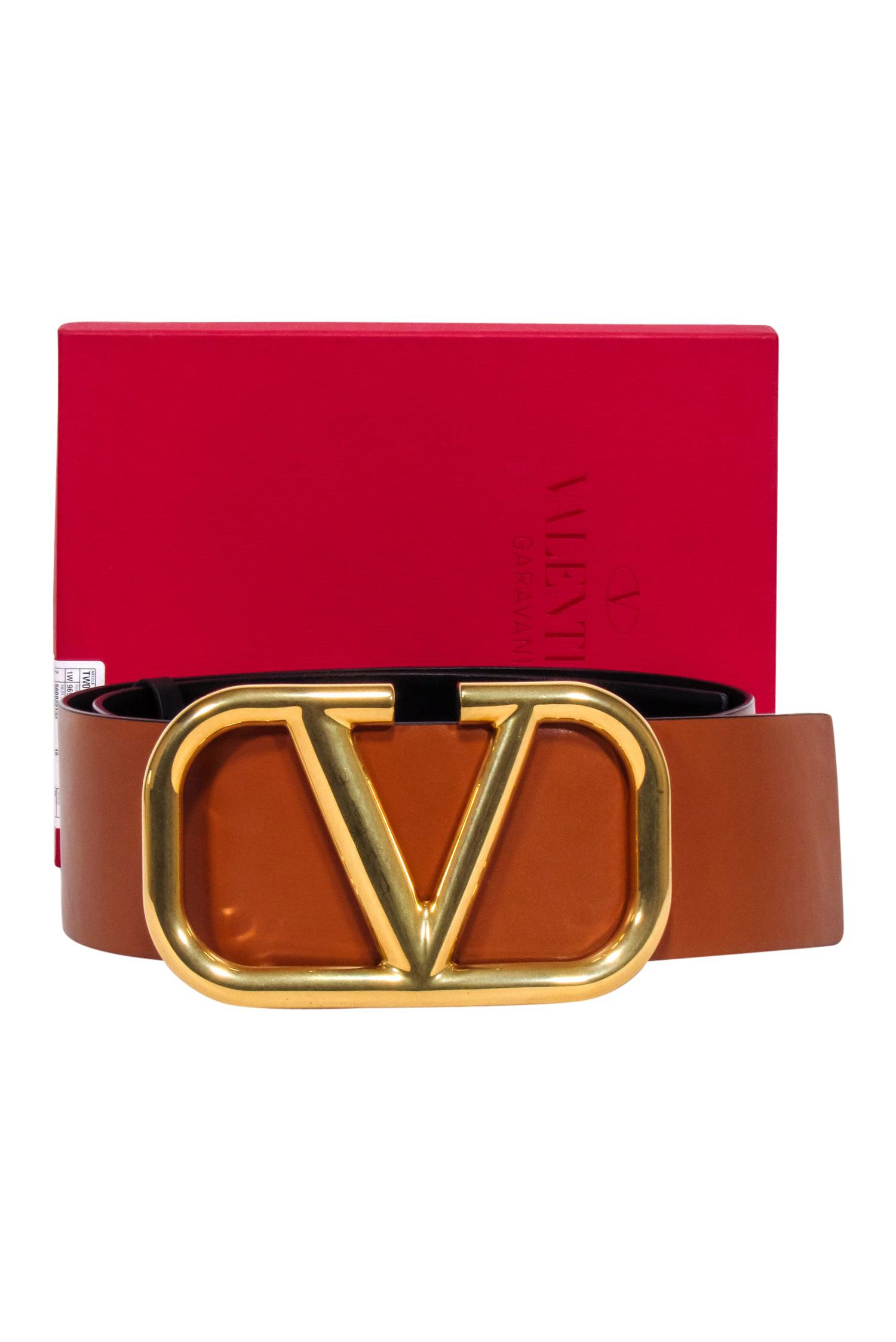 Valentino VLogo Reversible Leather Belt - Camel Brown/Black, Size S