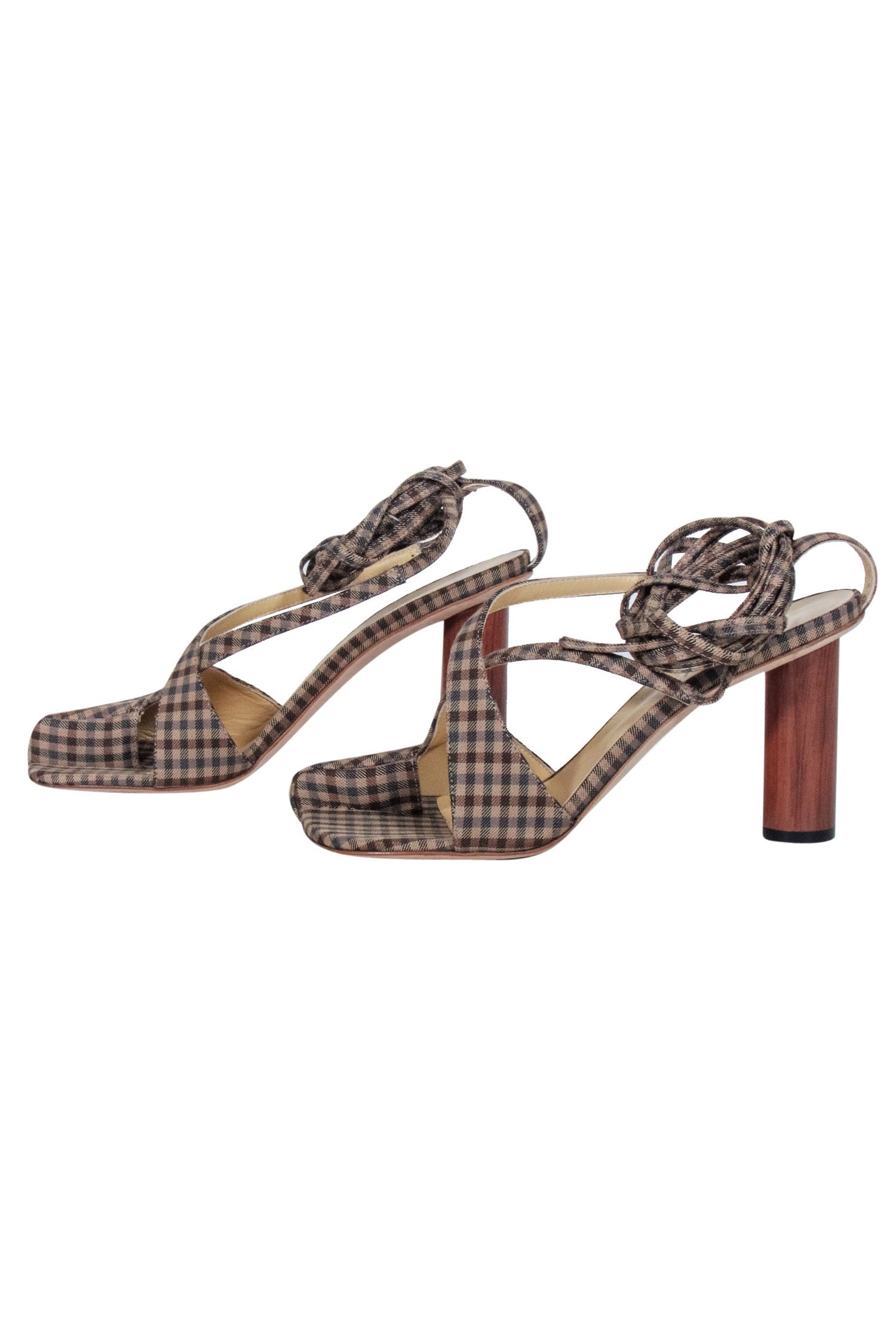 A.W.A.K.E. Mode 'Geraldine' Brown & Beige Gingham Asymmetric Open-Toe Heels - Size 8