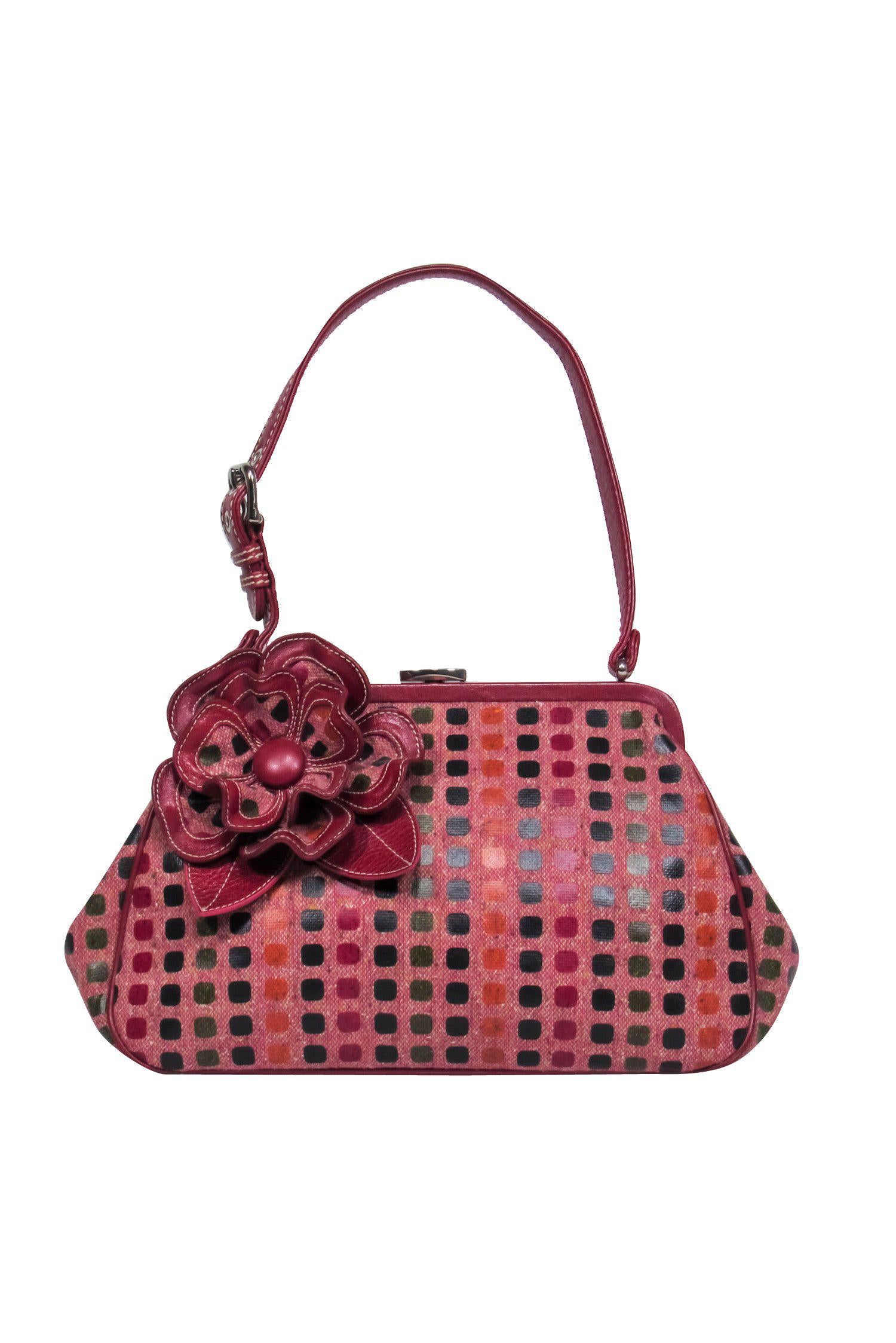 Isabella Fiore - Stunning Red Patterned Clasp Handbag with Flower Pin