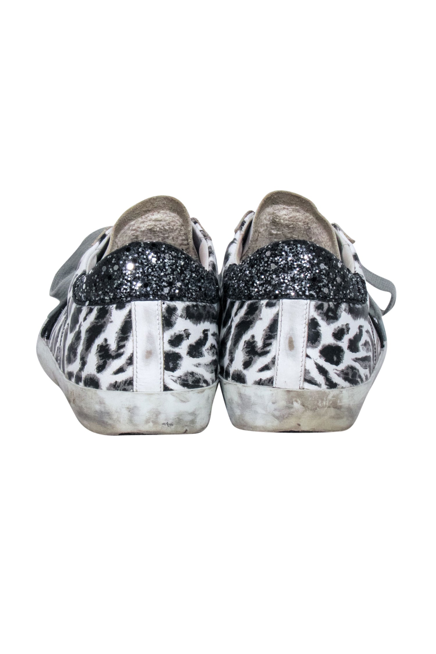 Golden Goose White Leather Sneakers with Leopard Print and Glitter Back - Size 8