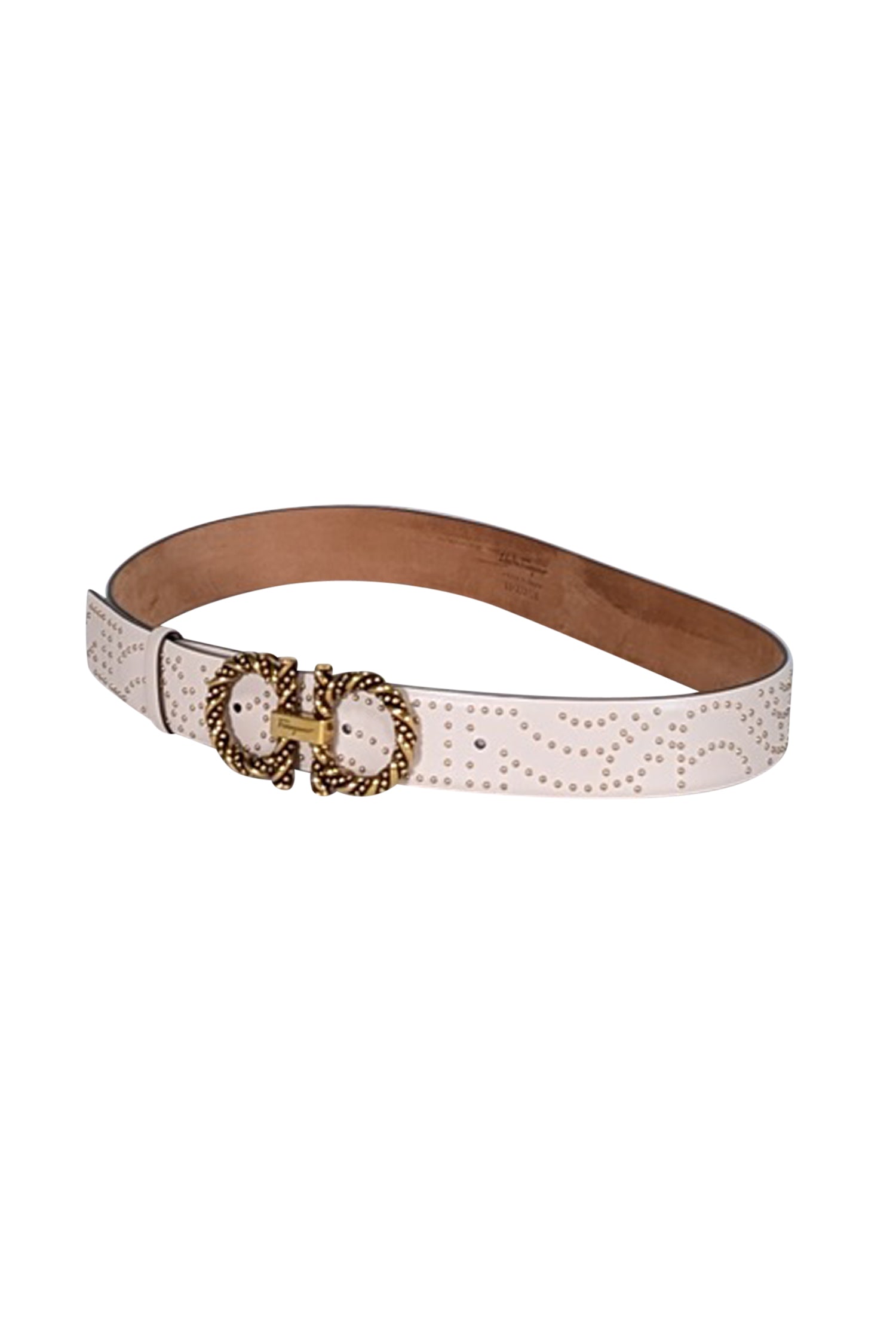 Ferragamo Cream Leather Studded Belt with Signature Buckle - Size M
