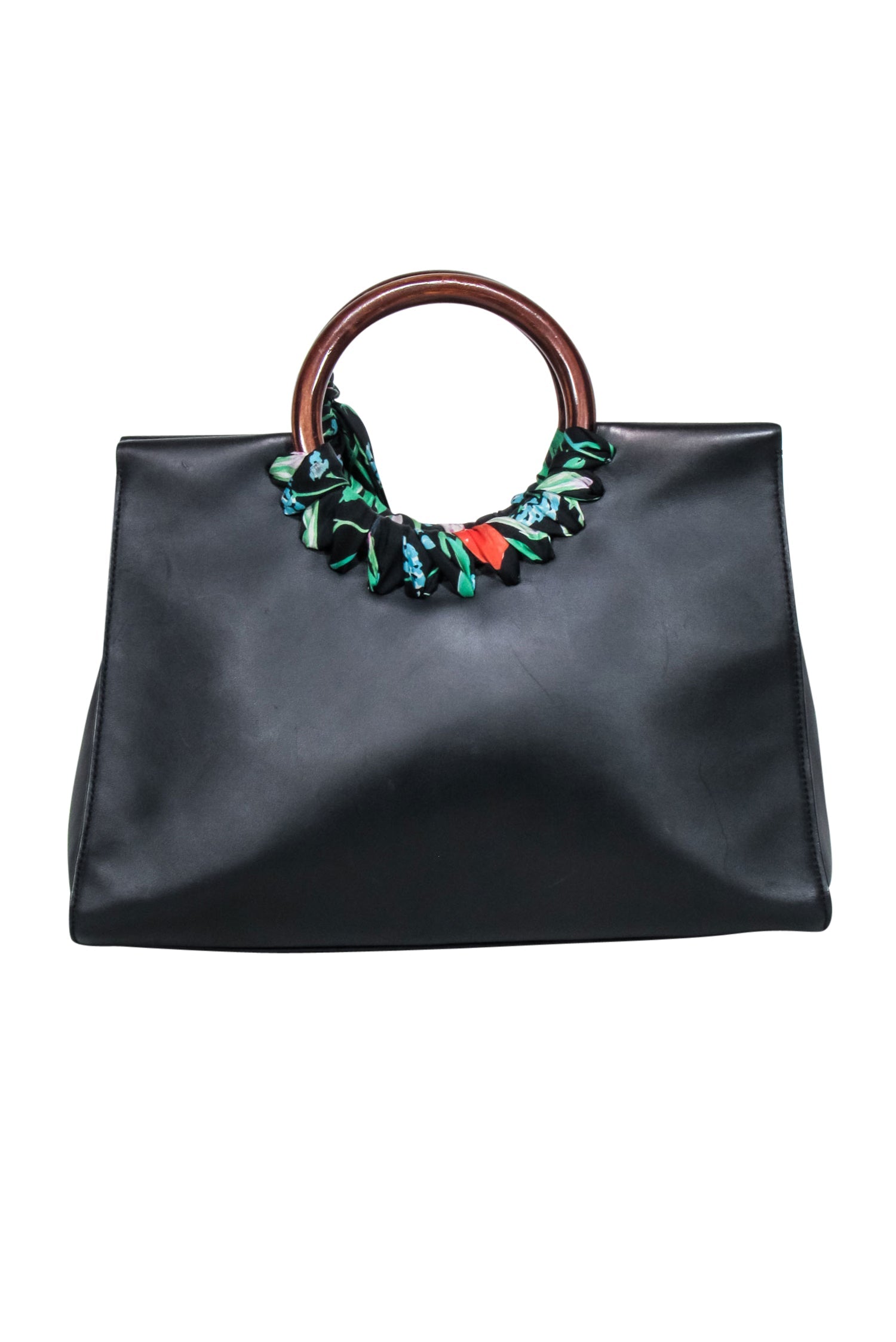 Kate Spade Black Leather Shoulder Bag with Elegant Wood Circle Handles and Charming Floral Detail