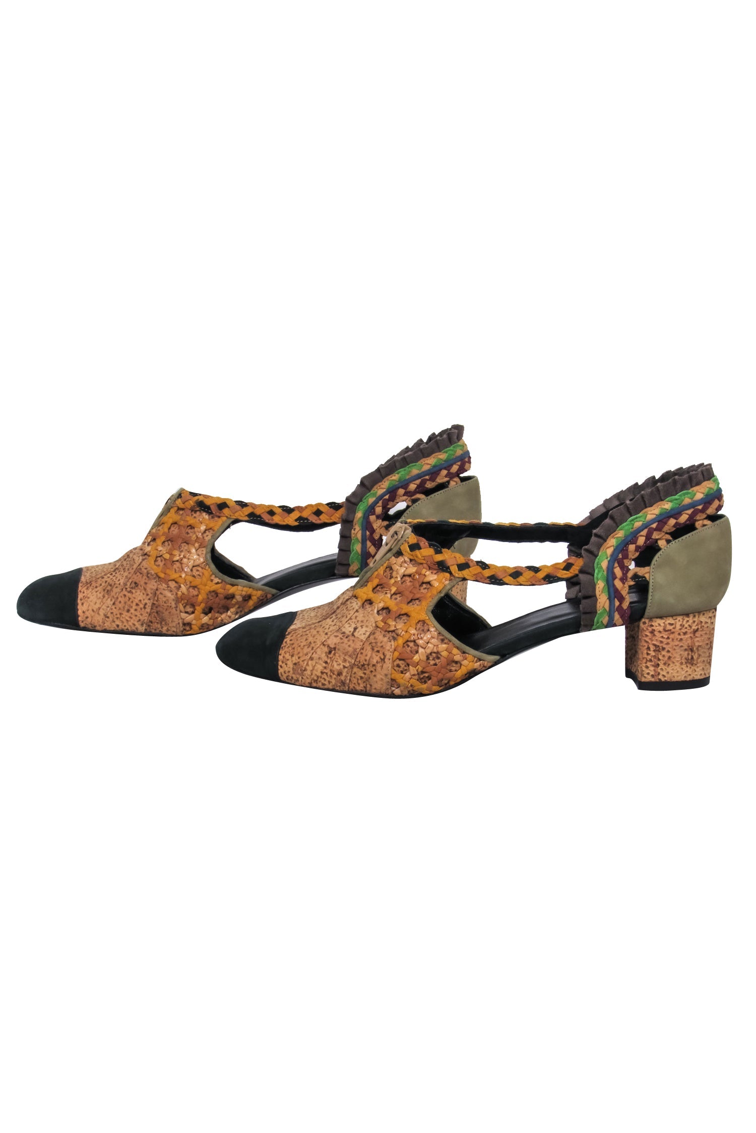 Kronkron - Stunning Tan & Muted Multicolor Woven Chunky Heels with Cutout, Size 10.5