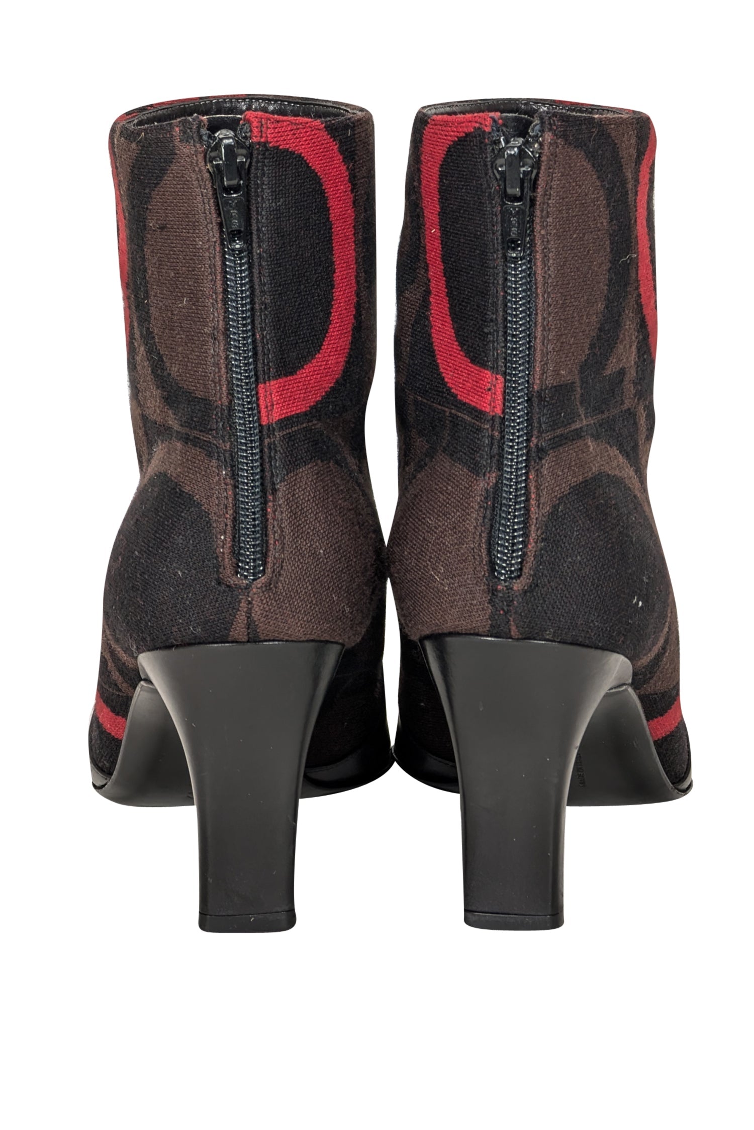 Ferragamo Stylish Black Leather Short Boots with Brown & Red Print - Size 9