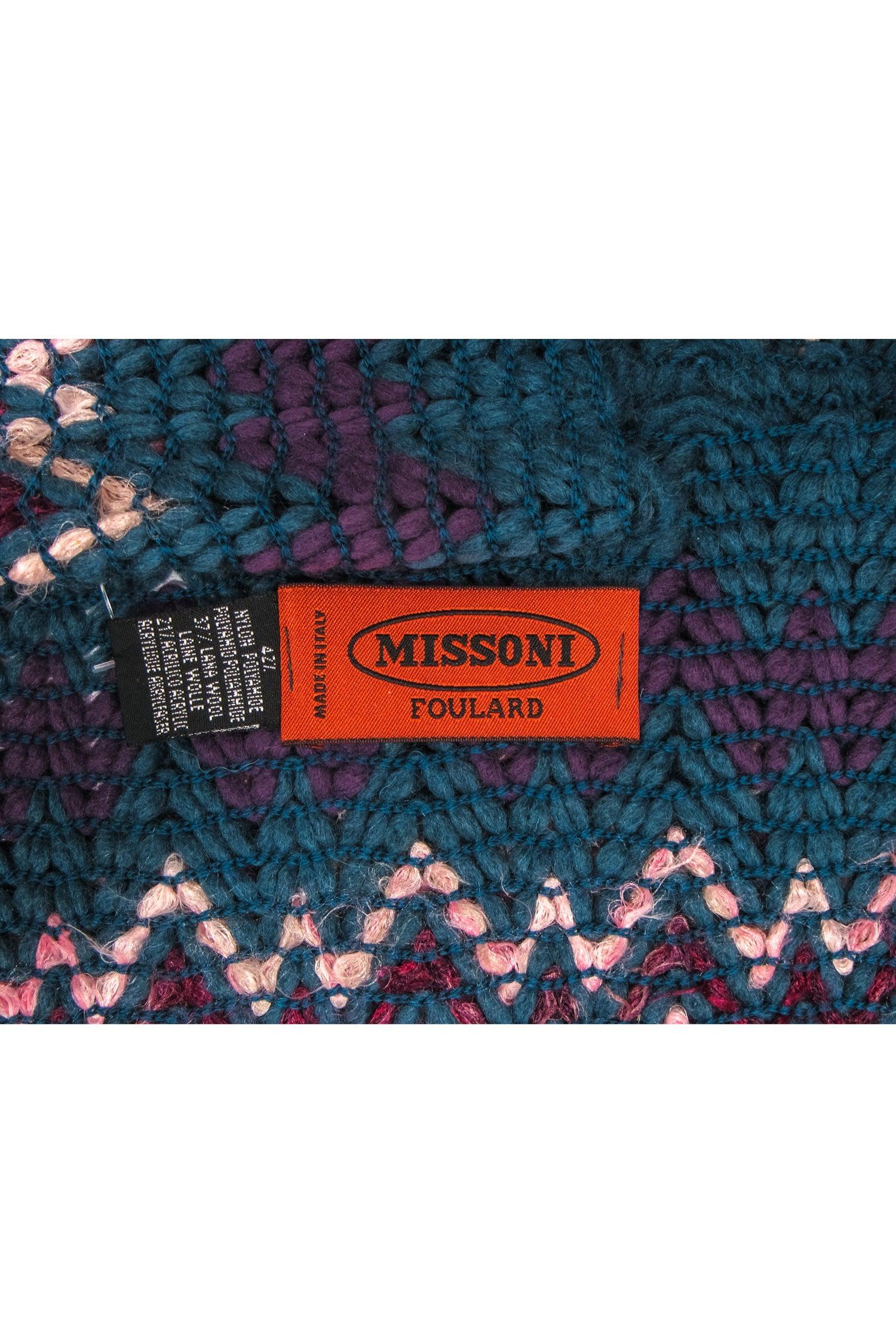 Missoni - Stunning Dark Teal, Purple & Pink Chevron Knit Wool Blend Scarf with Fringe