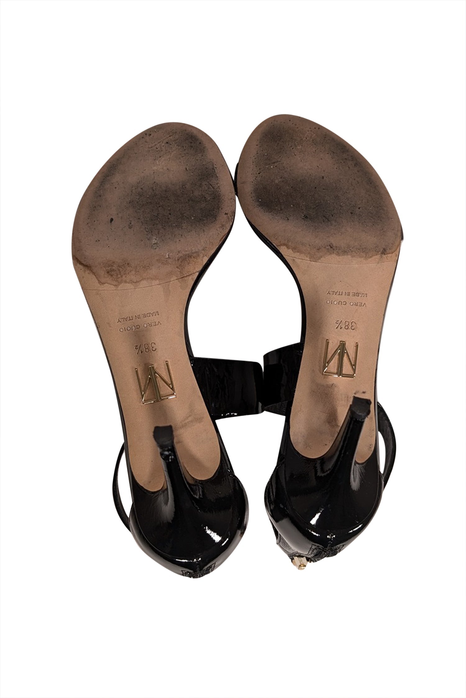 Tamara Mellon's Glamorous Black Patent Leather Open Toe Heels - Size 8.5
