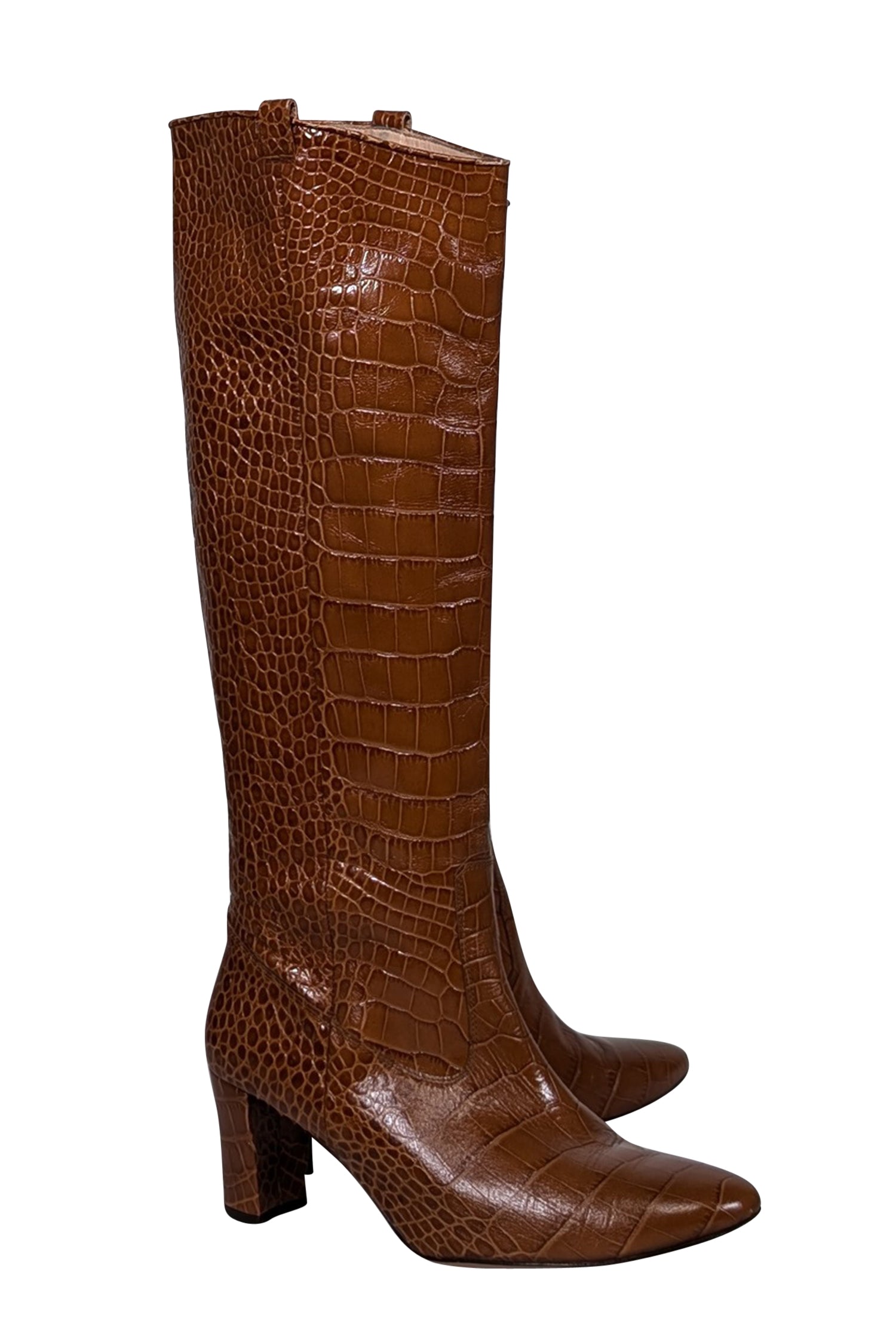 Veronica Beard Terracotta Croc-Embossed Patent Leather Tall Boots - Size 10.5