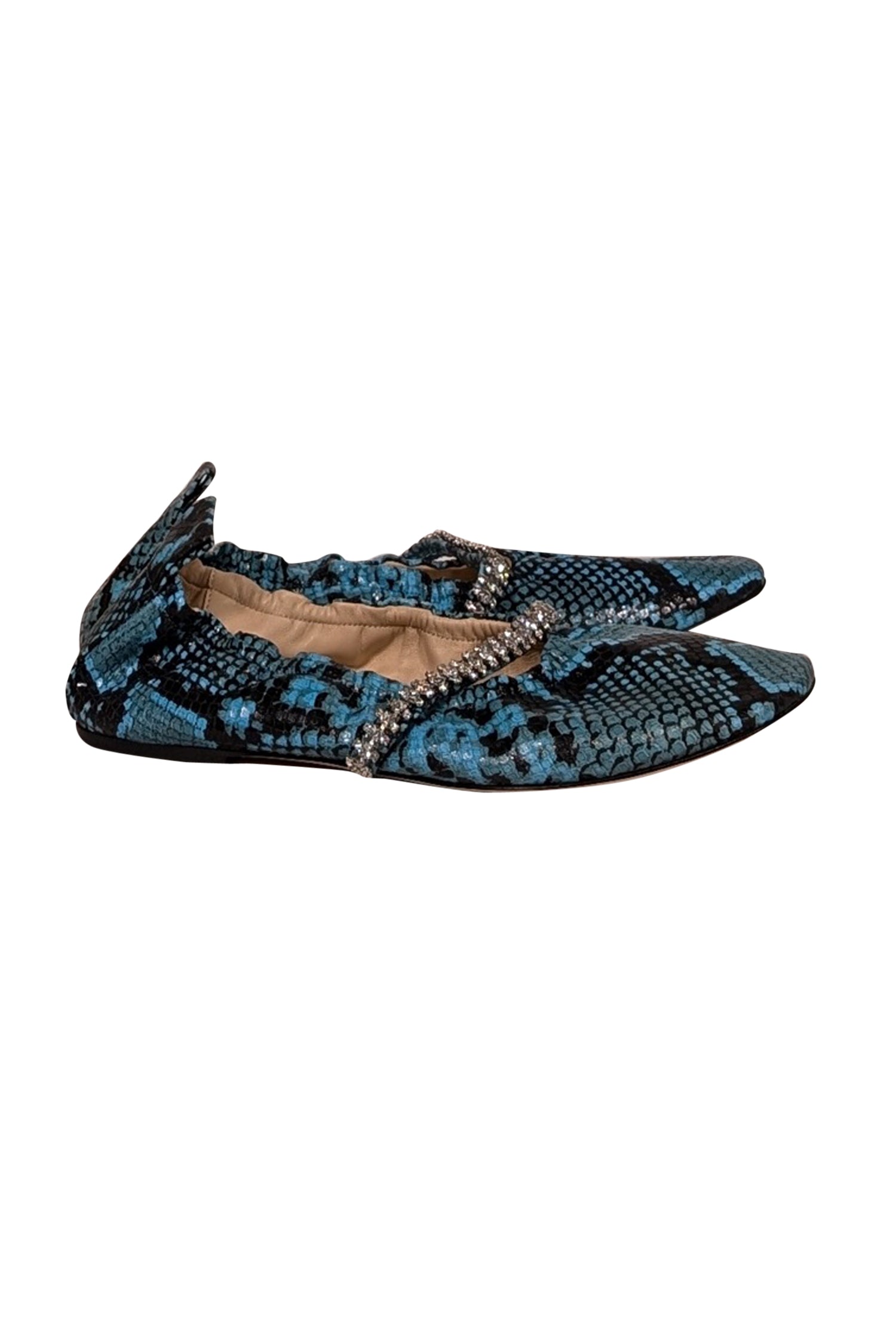 Beautisoles - Stunning Aqua Blue & Black Snakeskin Embossed Leather Flats in Size 9