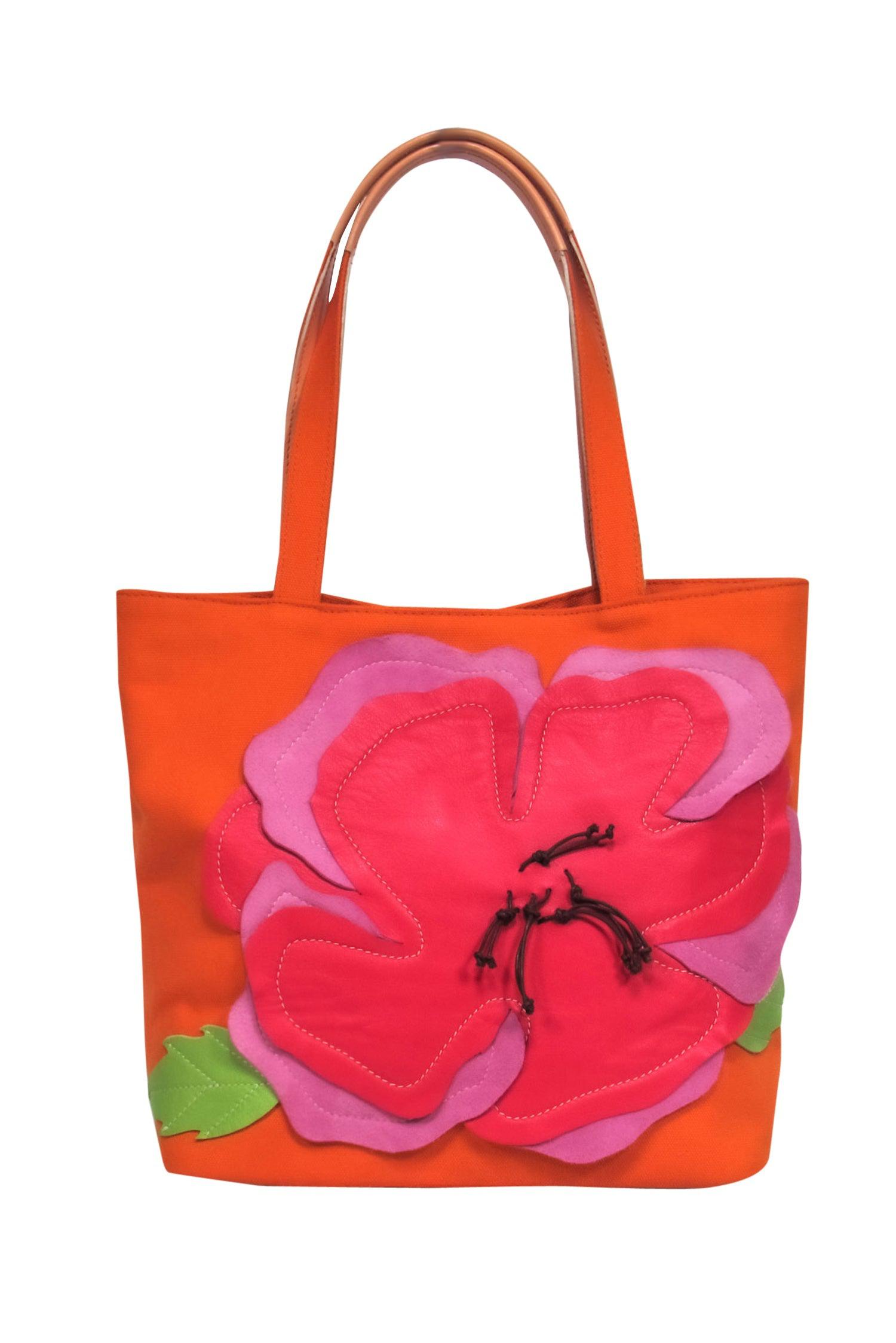 Lamarthe - Charming Small Orange Canvas Tote with Floral Applique
