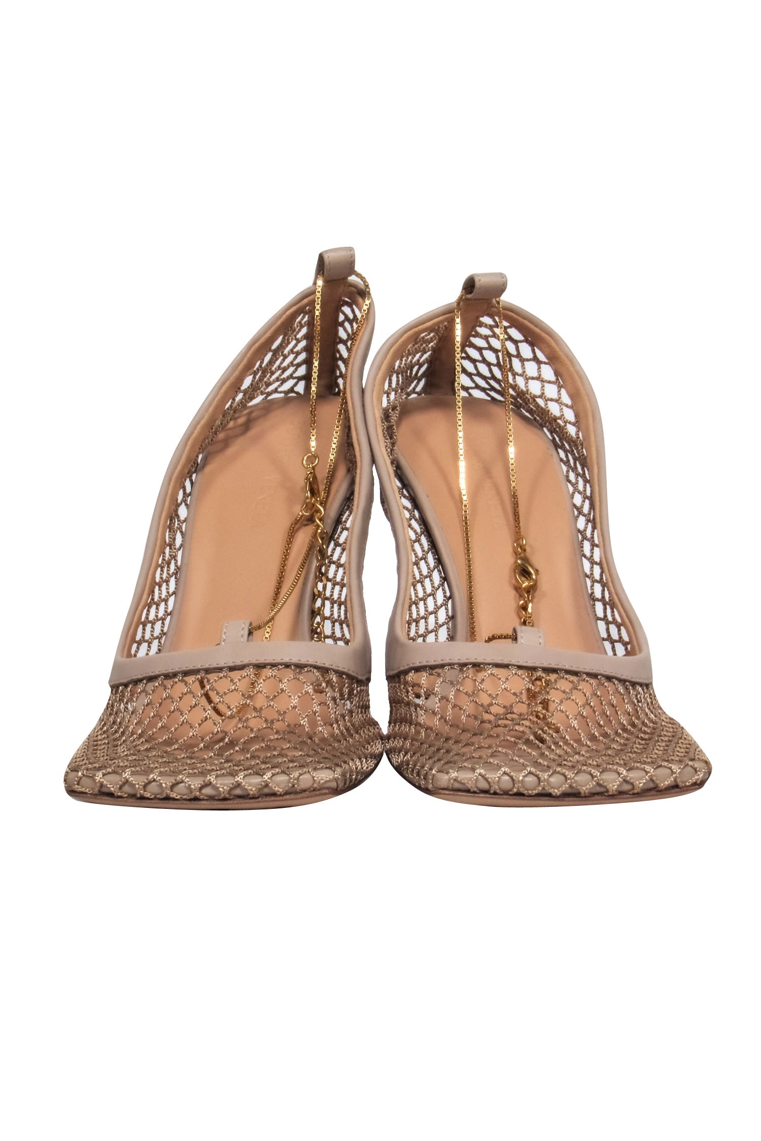 Bottega Veneta Nude Mesh Heels with Gold Ankle Strap - Size 7