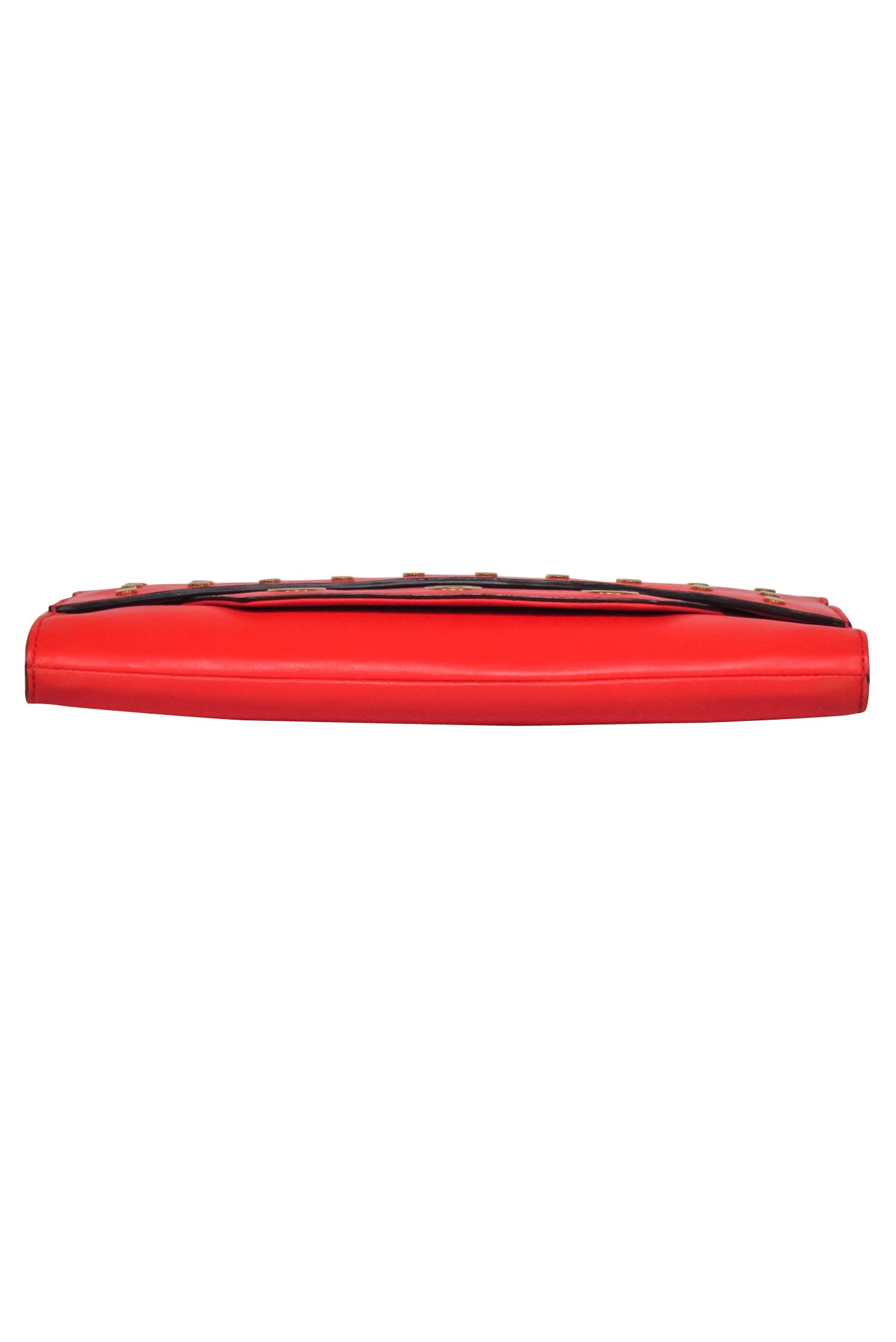 Milly Red Leather Clutch with Gold Grommets and Chain Strap - A Bold Fashion Statement