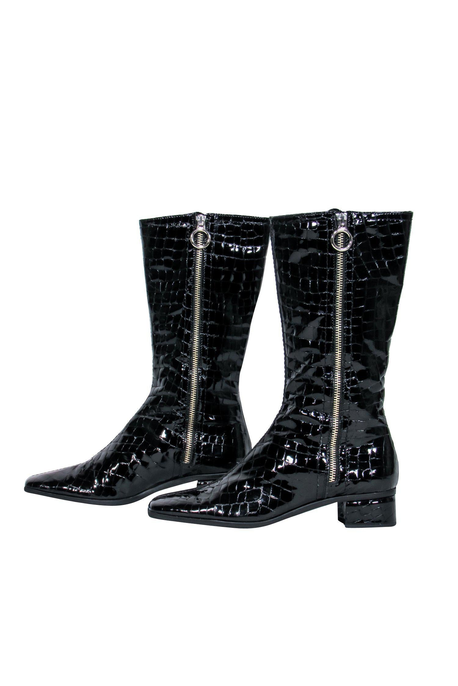 Aquatalia Black Patent Leather Crocodile Embossed Calf High Boots - Size 8.5 - Fashionable Safari Chic