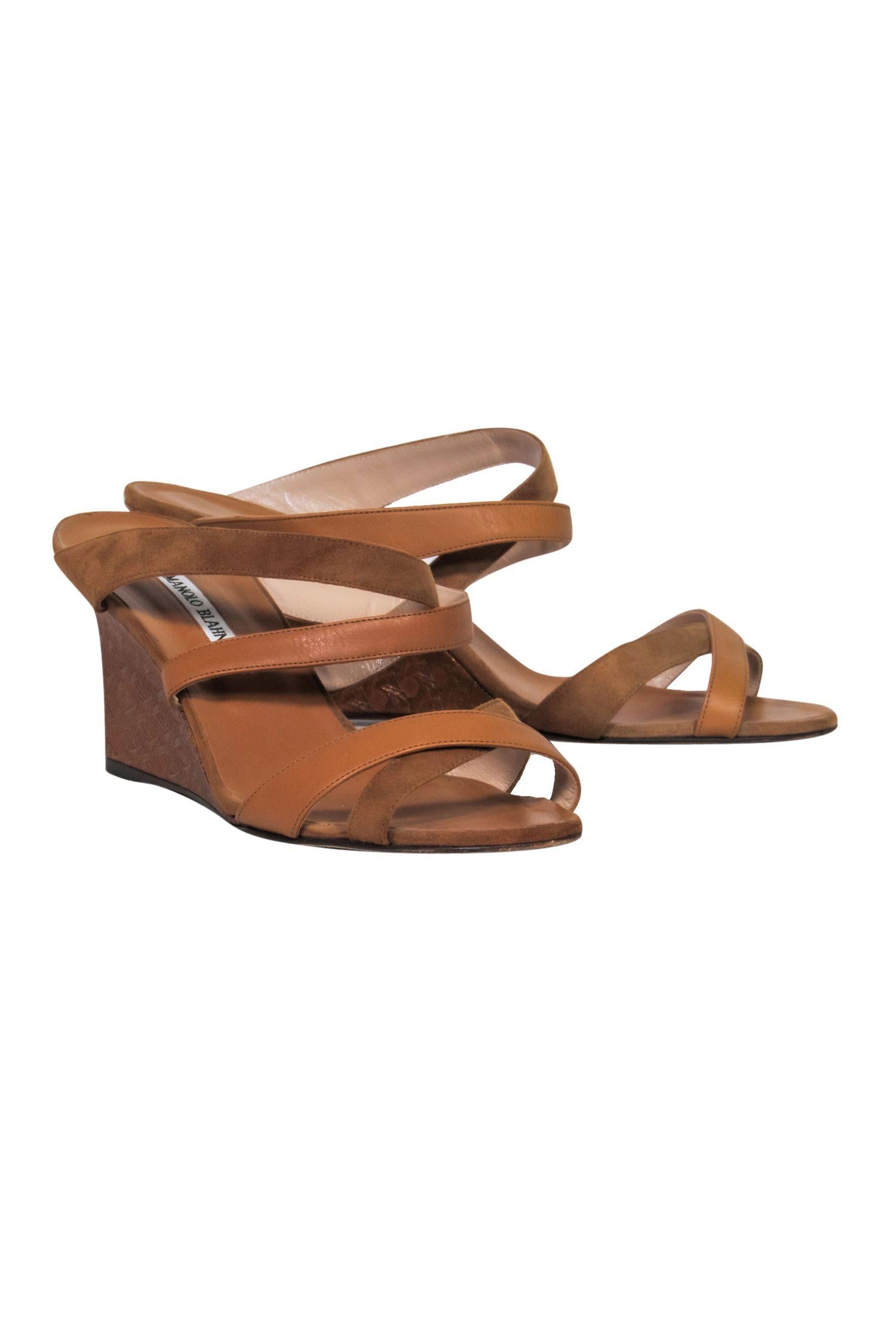 Manolo Blahnik - Stunning Tan Leather & Suede Strappy Wedges with Bronze Printed Wedge, Size 8.5