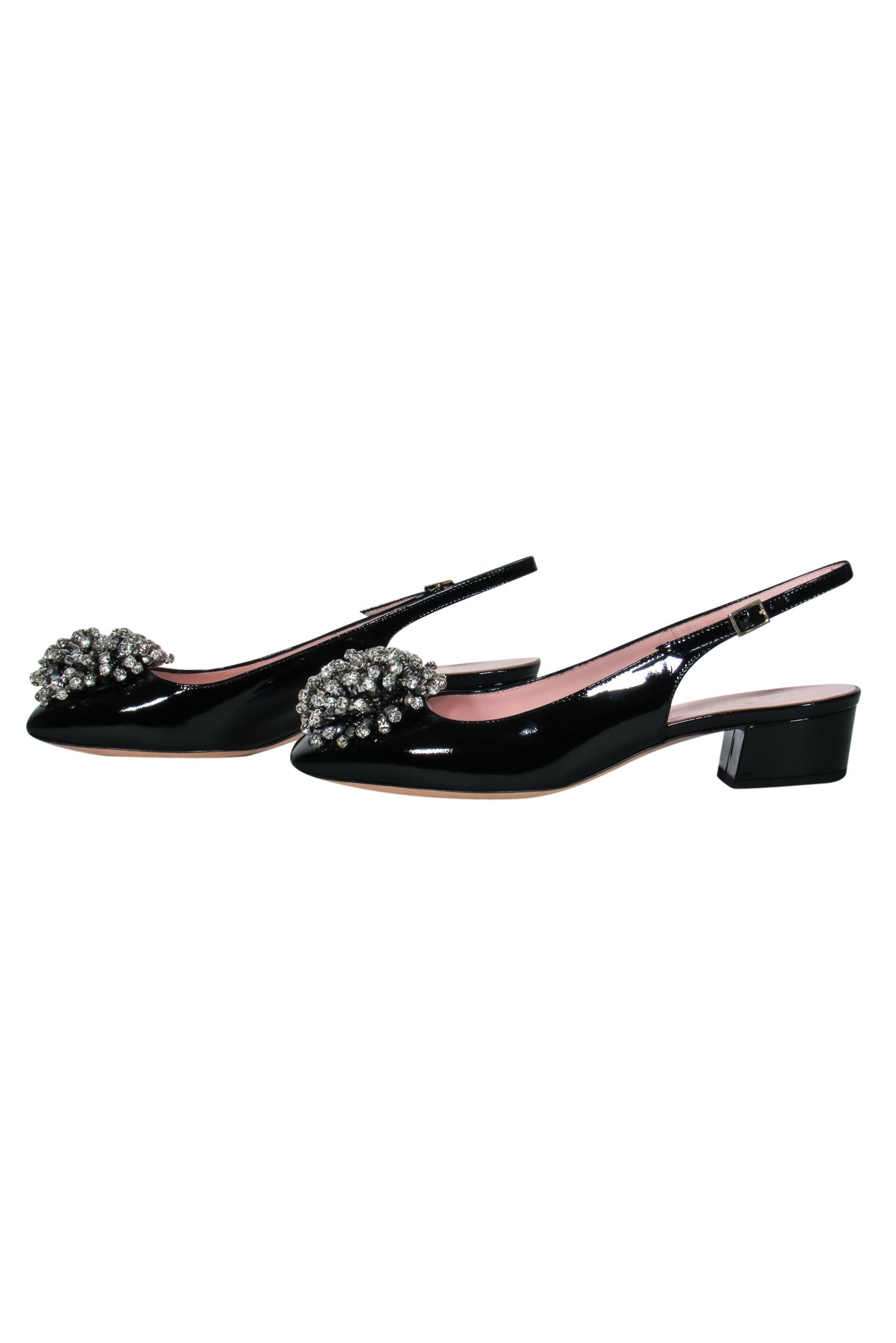 Kate Spade's Glamorous Black Patent Leather Slingback Block Heels with Rhinestone Pomps - Size 8