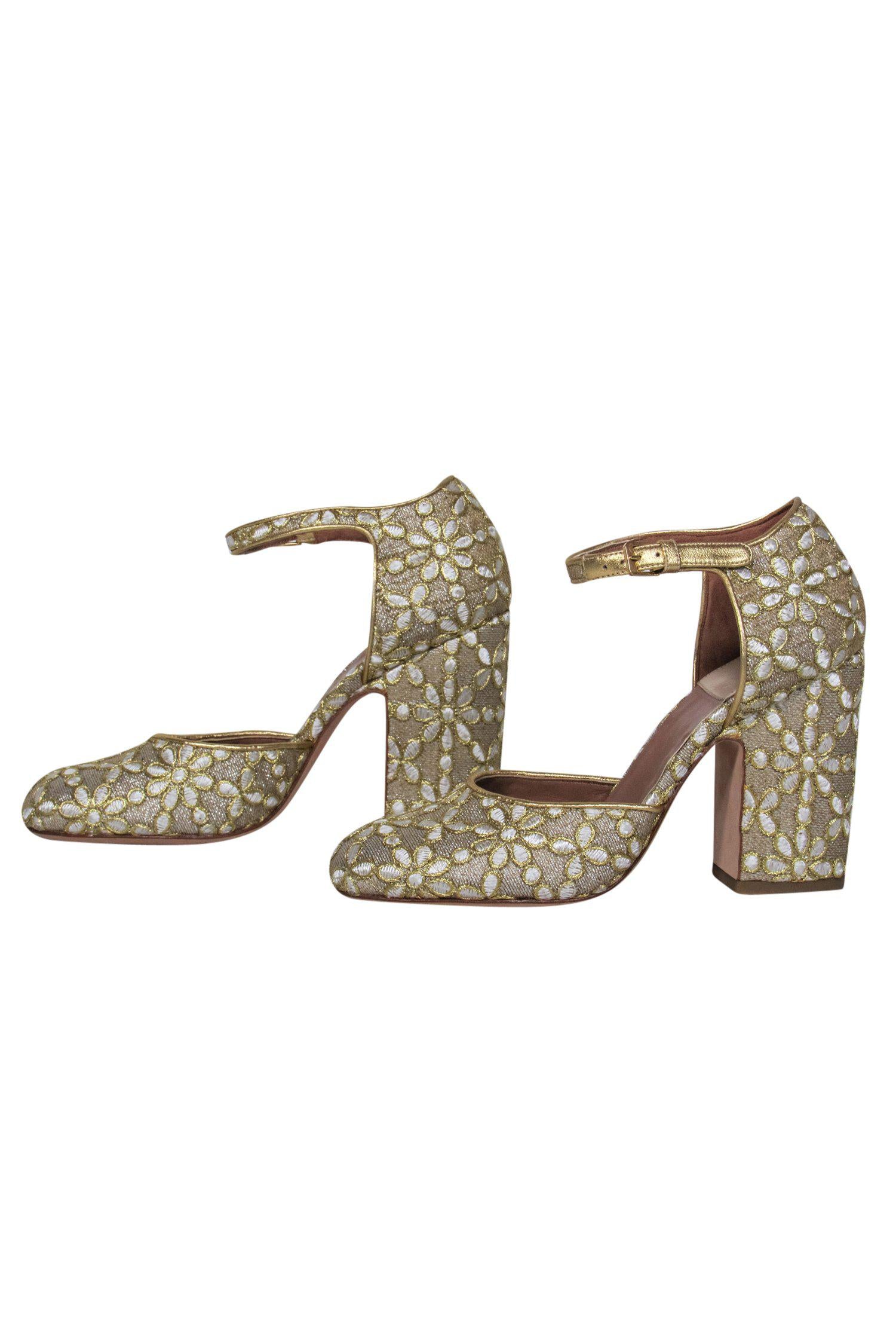 Laurence Dacade Gold Floral Embossed Mary Jane Pumps - Size 7