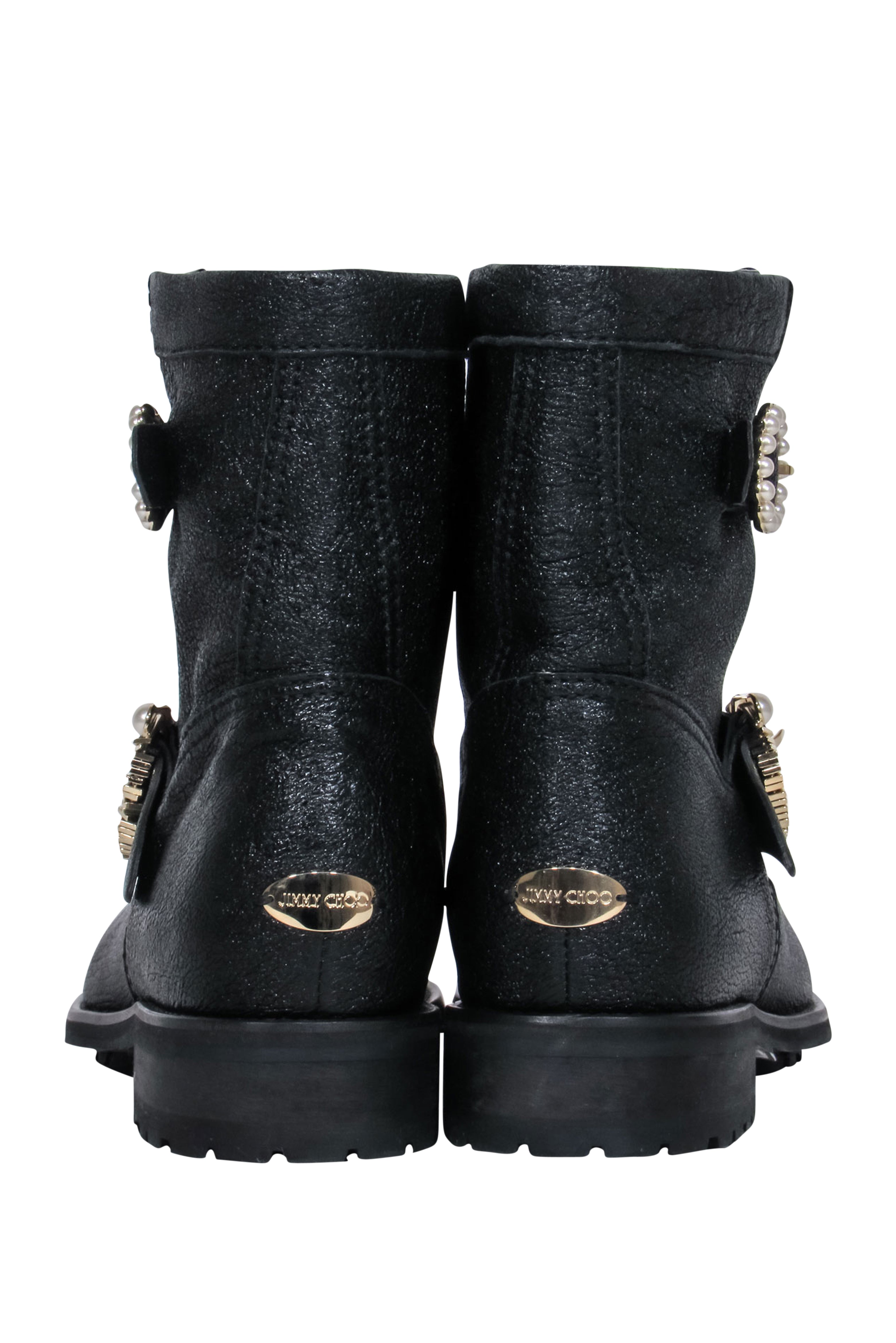 Jimmy Choo Black Sparkle Leather Ankle Lugsole Boots with Pearl Buckles - Size 6.5