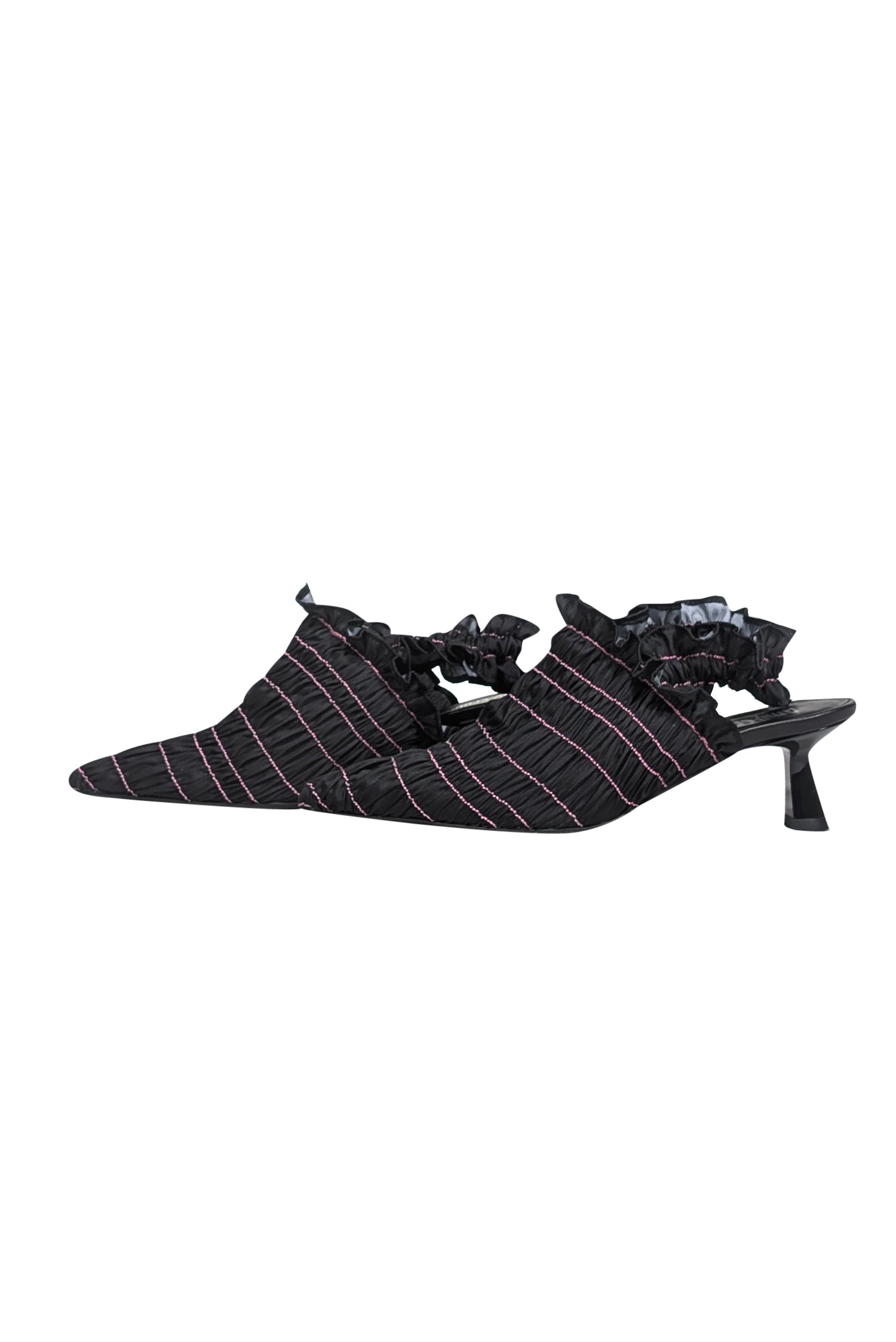 Amy Crookes' Stylish Black Smocked Ruffle Trim Strappy Back Heel - Size 6