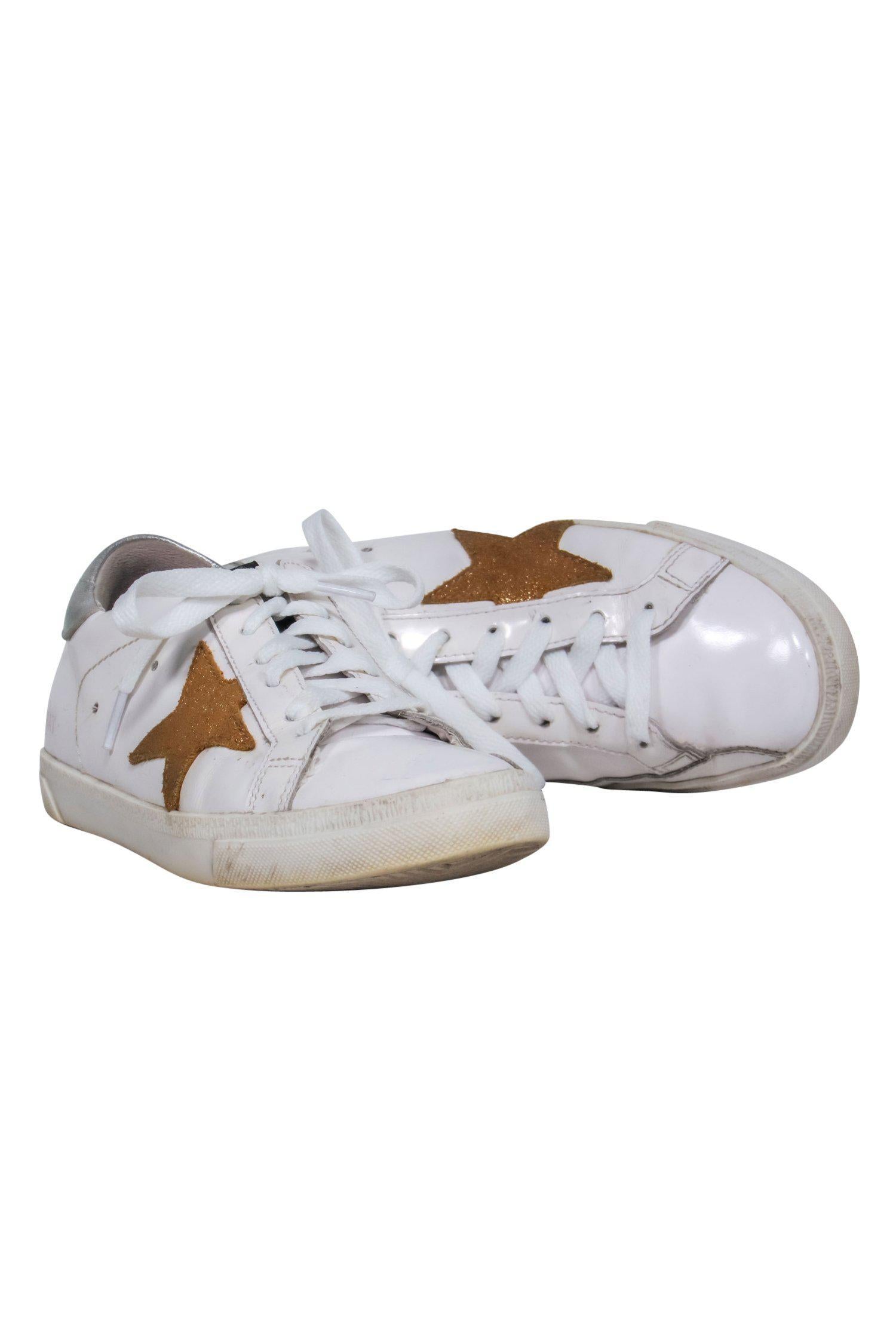 Golden Goose - Stylish White Lace - Up Distressed 'Superstar' Sneakers with Gold Star Design, Size 6