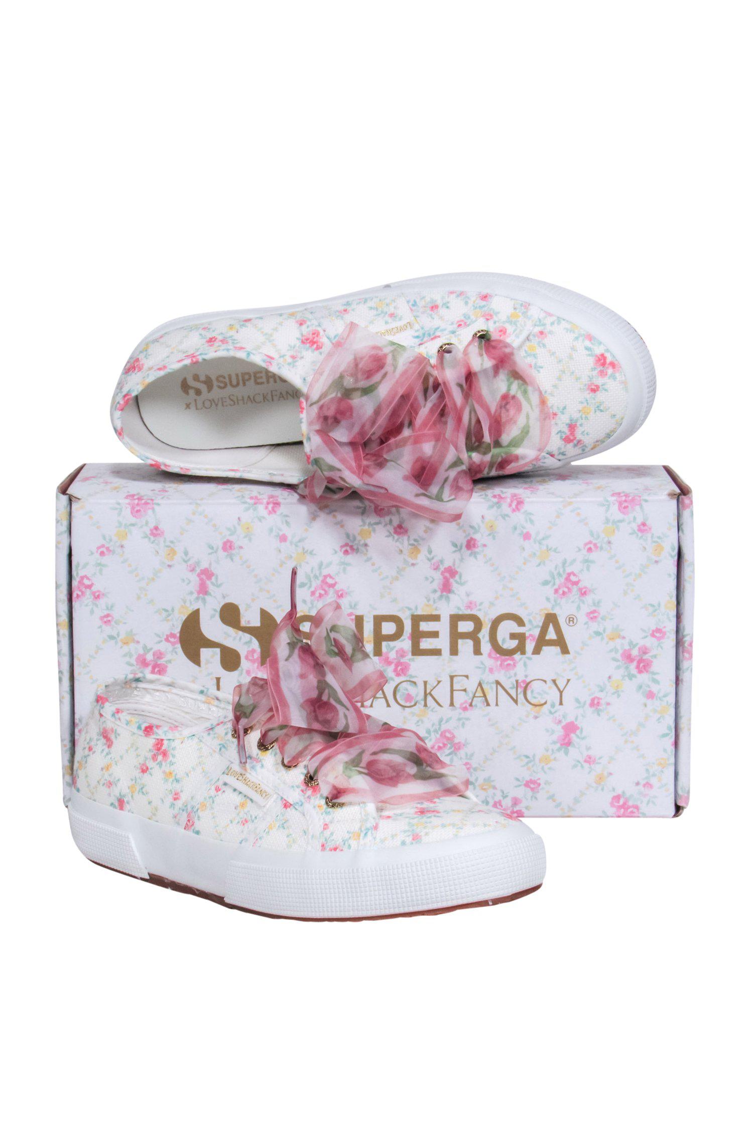 Superga x LoveShackFancy - Adorable White & Multicolored Floral Print Lace - Up Sneakers in Size 7.5