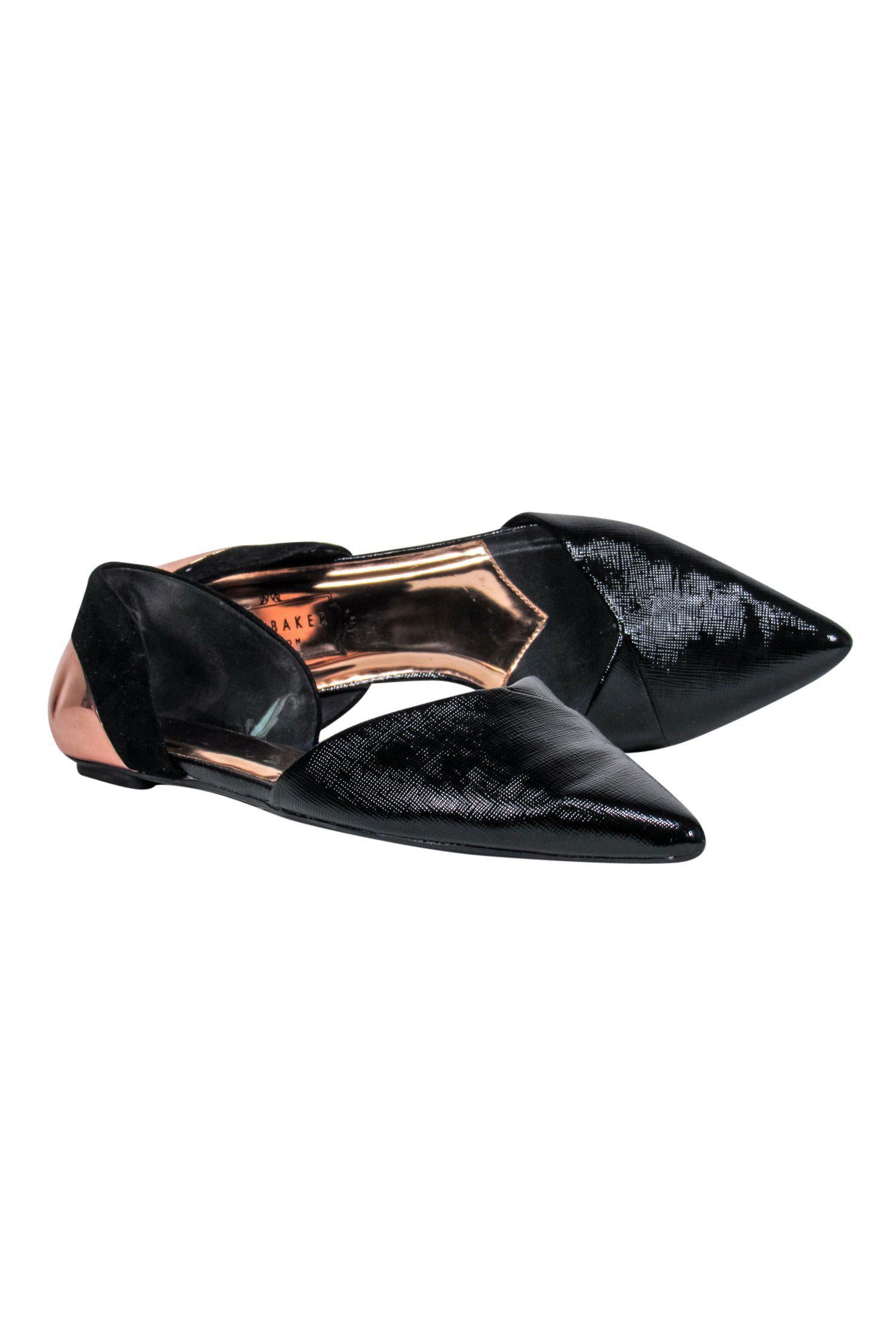 Ted Baker Rose Gold Textured Pointed-Toe Black Flats - Size 7