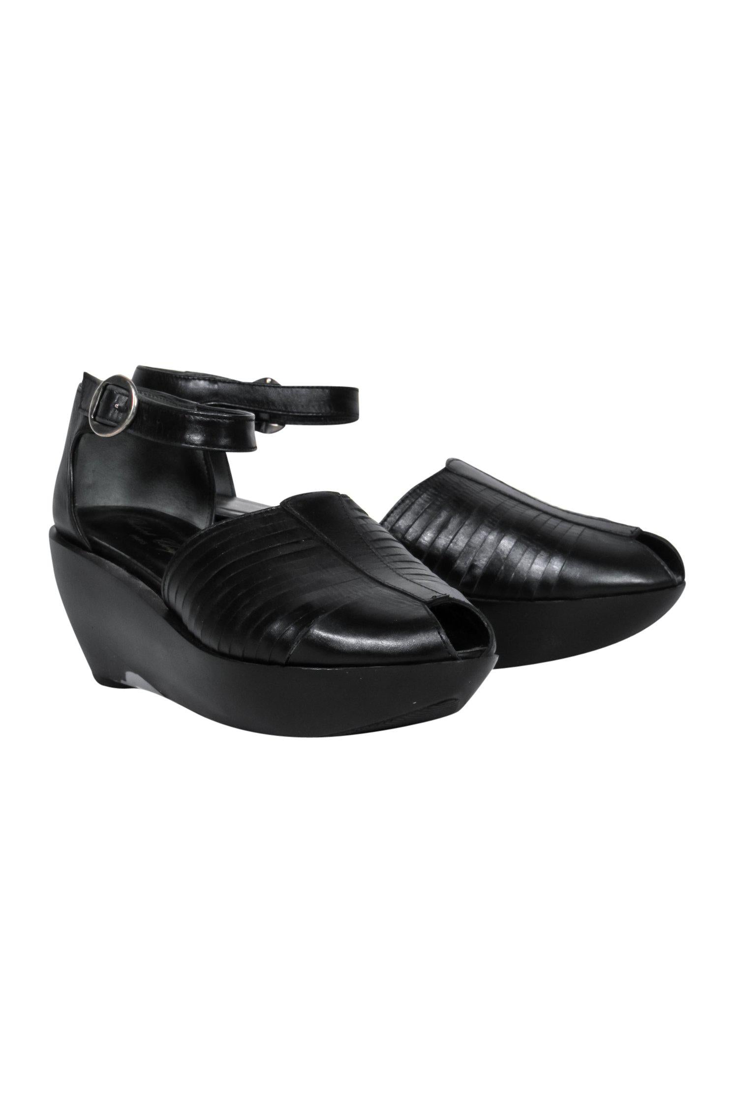 Robert Clergerie's Black Leather Ankle Strap Peep Toe Platforms - Size 6.5