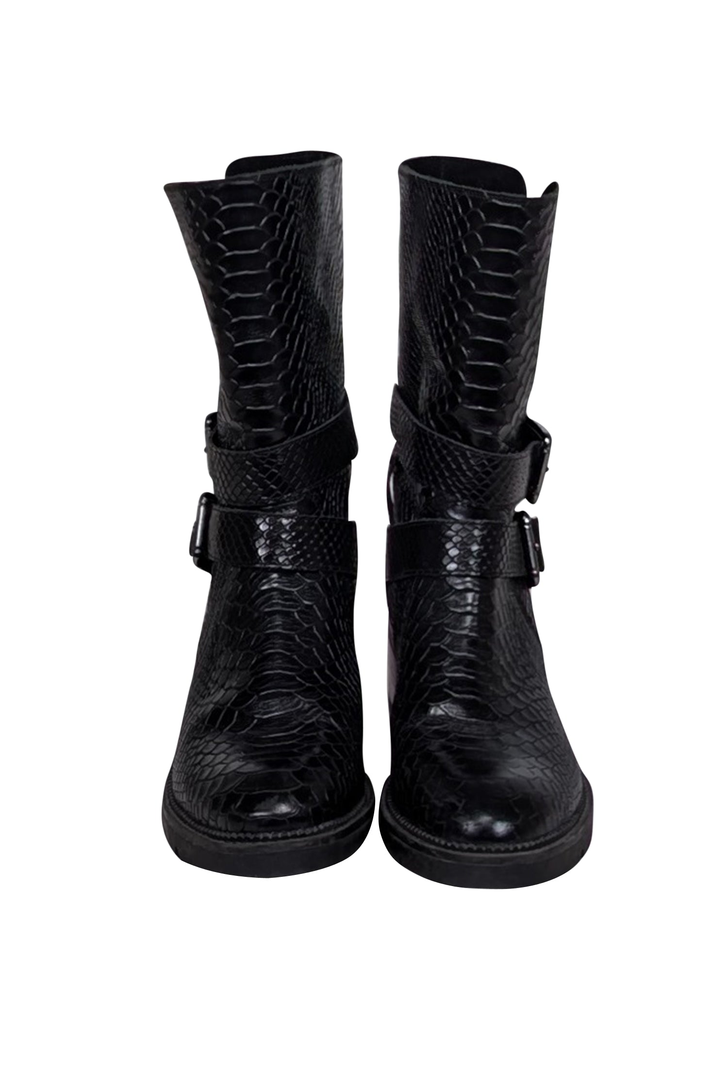 Donald J Pliner Black Croc-Embossed Leather Combat Boots - Size 9.5
