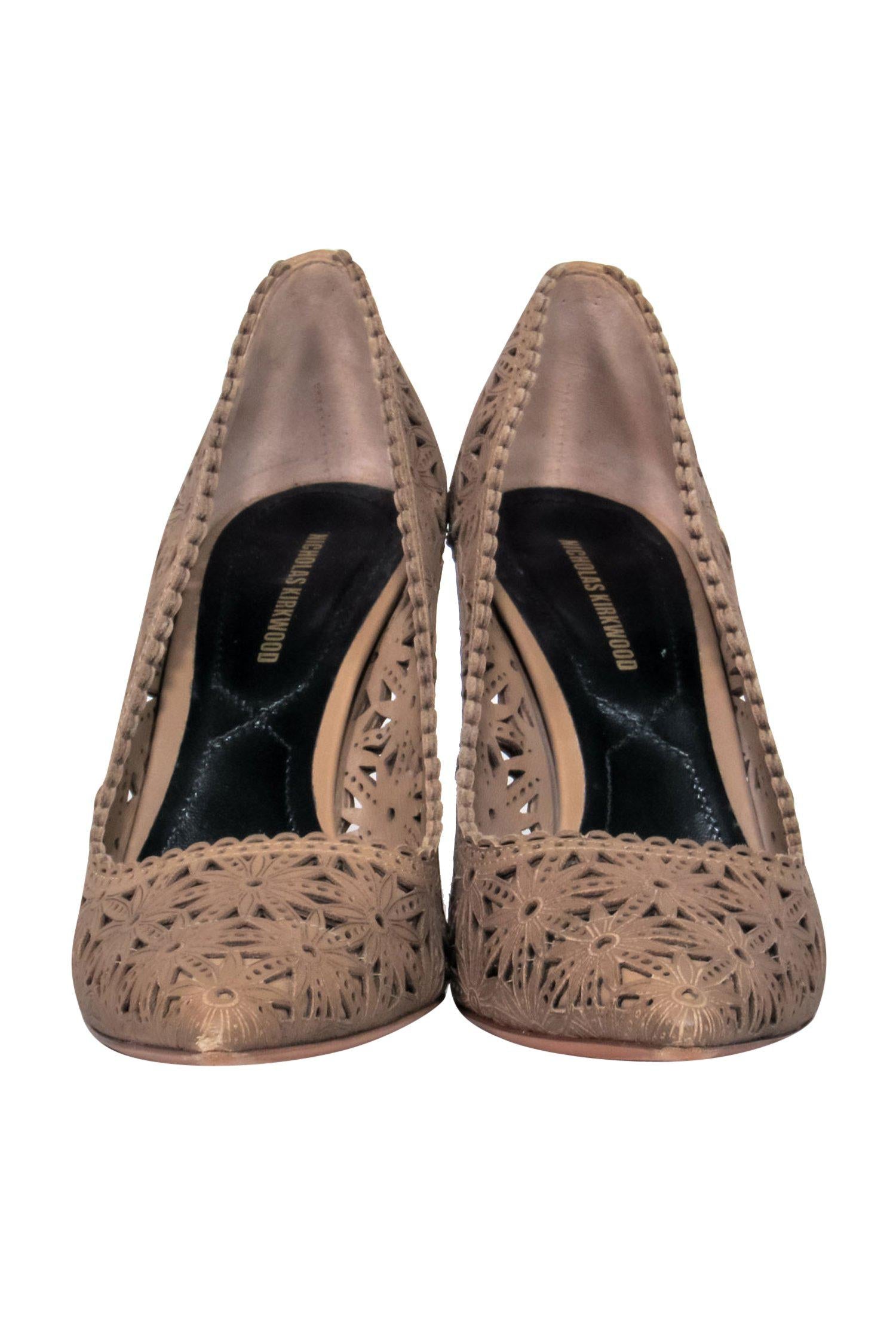 Nicholas Kirkwood's Enchanting Brown Leather Laser - Cut Floral Pumps in Size 7.5