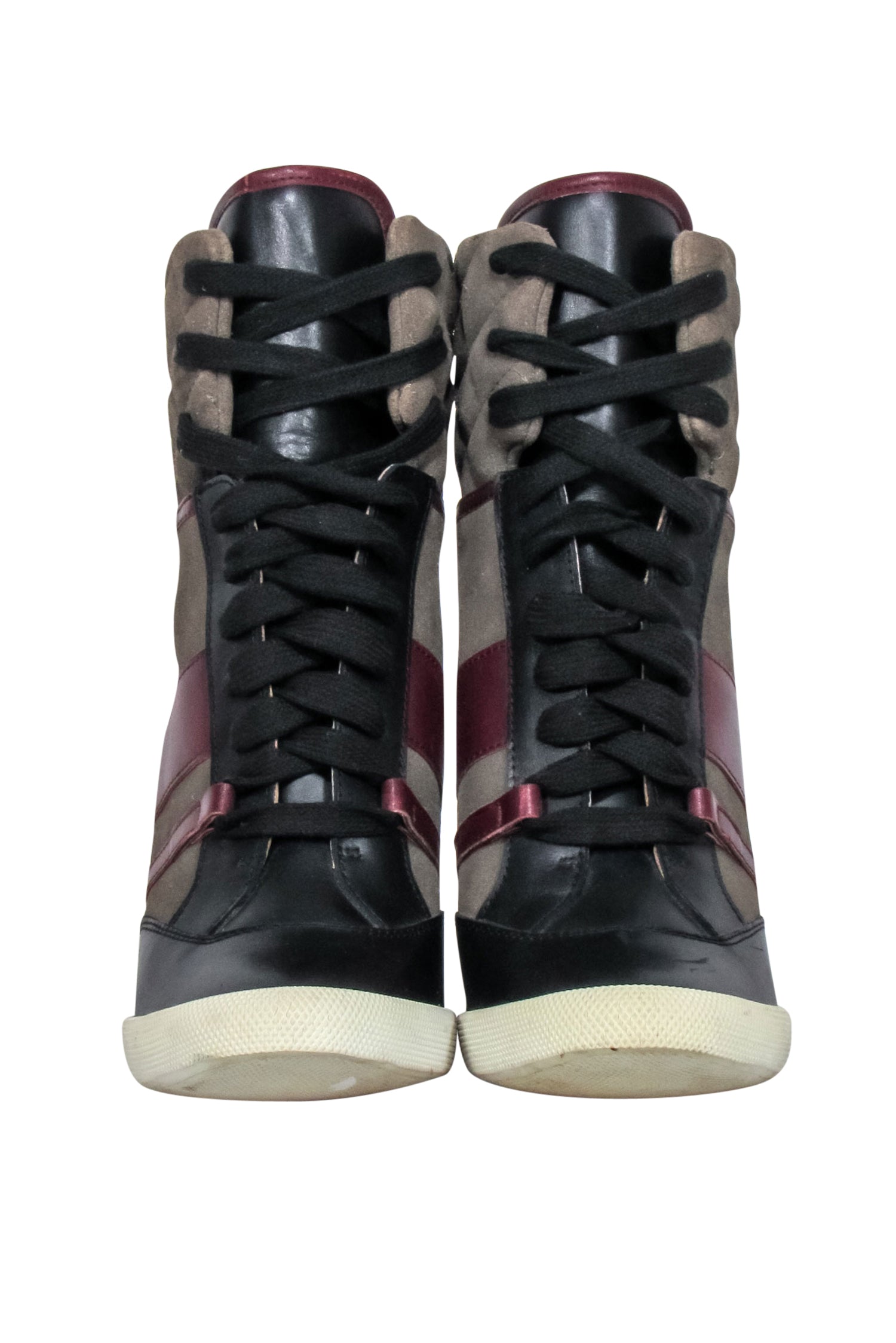 Chloe - Stunning Green, Maroon & Black Leather & Quilted Suede Wedge Sneakers Size 8.5