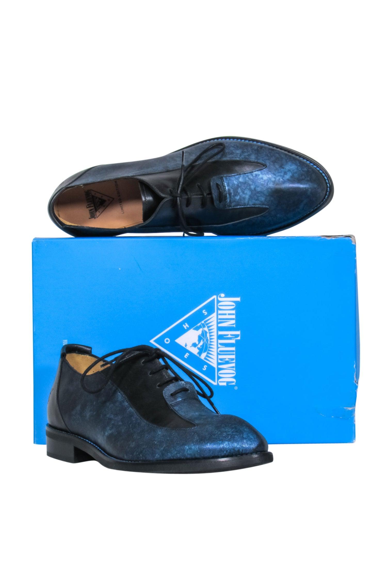 John Fluevog - Blue & Black Metallic Speckled Leather Lace - Up 'Sea Angel' Loafers Size 7.5: Be Bold!