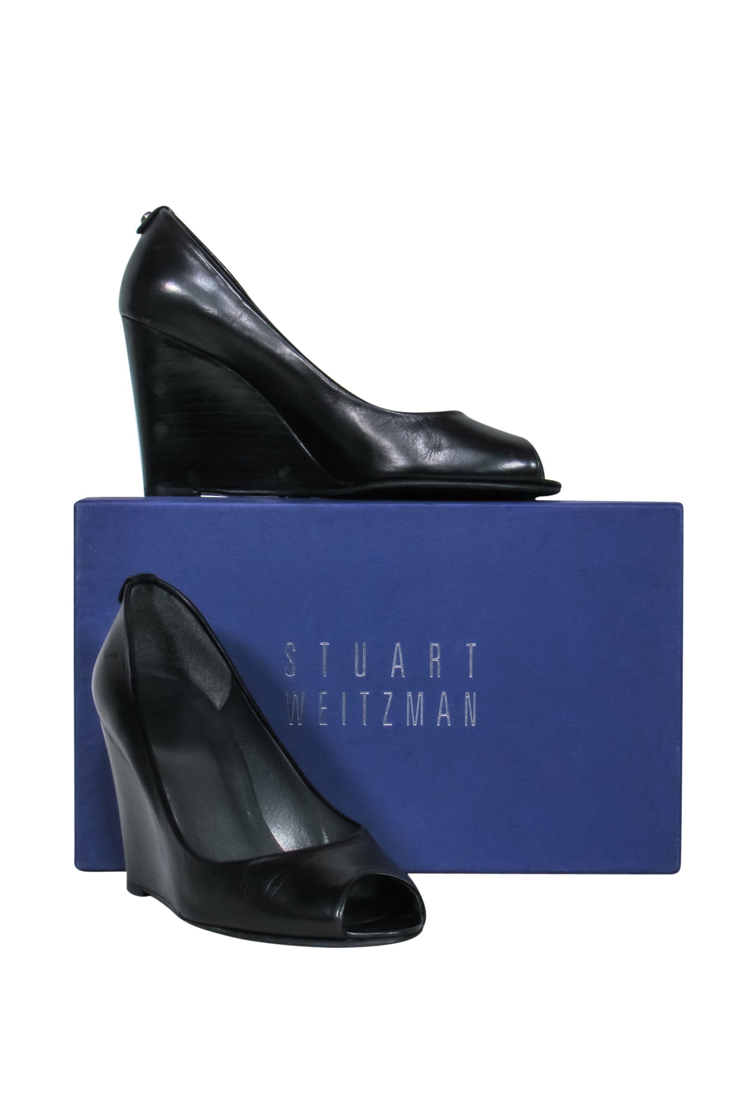 Stuart Weitzman Black Leather Peep Toe Wedges - Size 8 - Fashionable Footwear