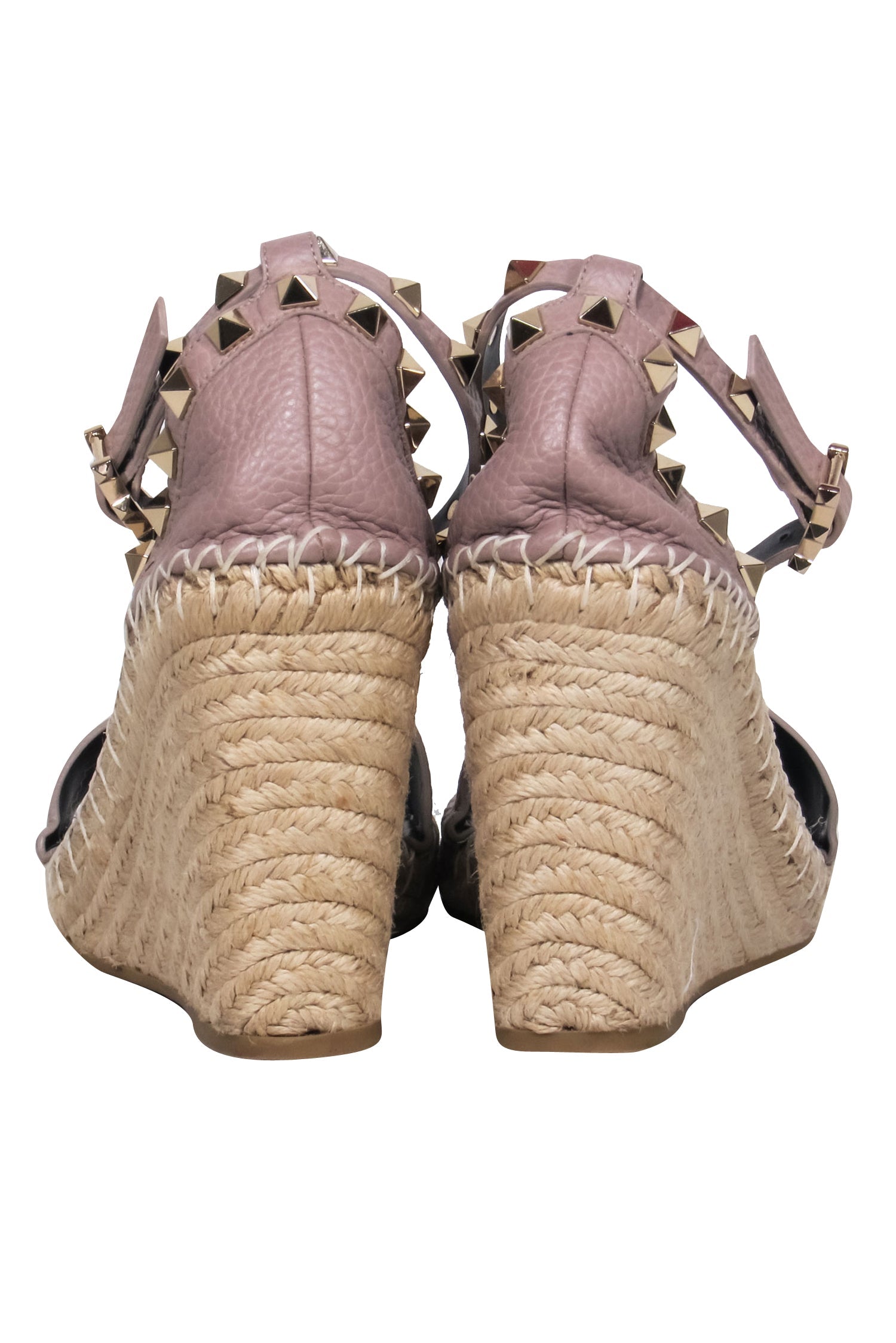 Valentino Nude Calfskin Leather Rock-Stud Espadrille Wedges with Ankle Strap - Size 7