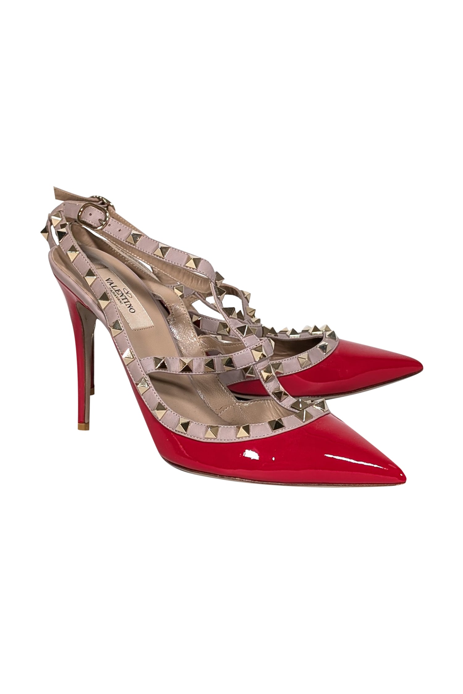 Valentino - Irresistible Red & Beige Studded Strappy Heels in Size 10.5