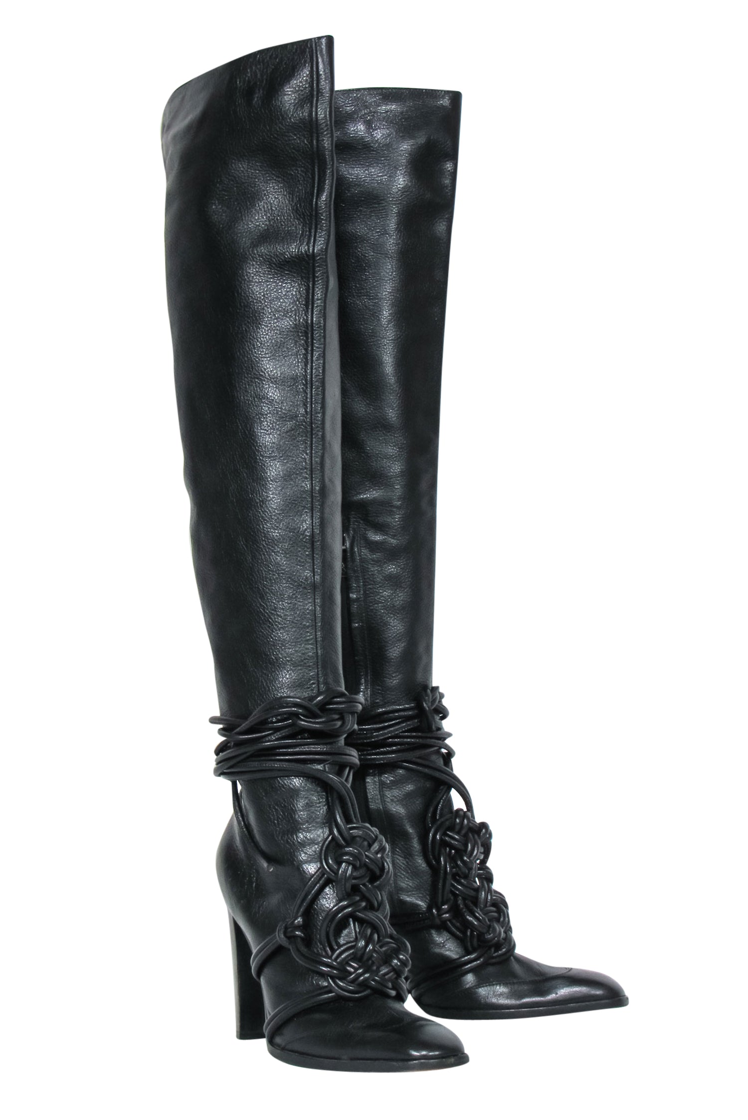 Yves Saint Laurent - Stunning Black Leather Thigh High Boots with Braided Lace-Up Design, Size 10