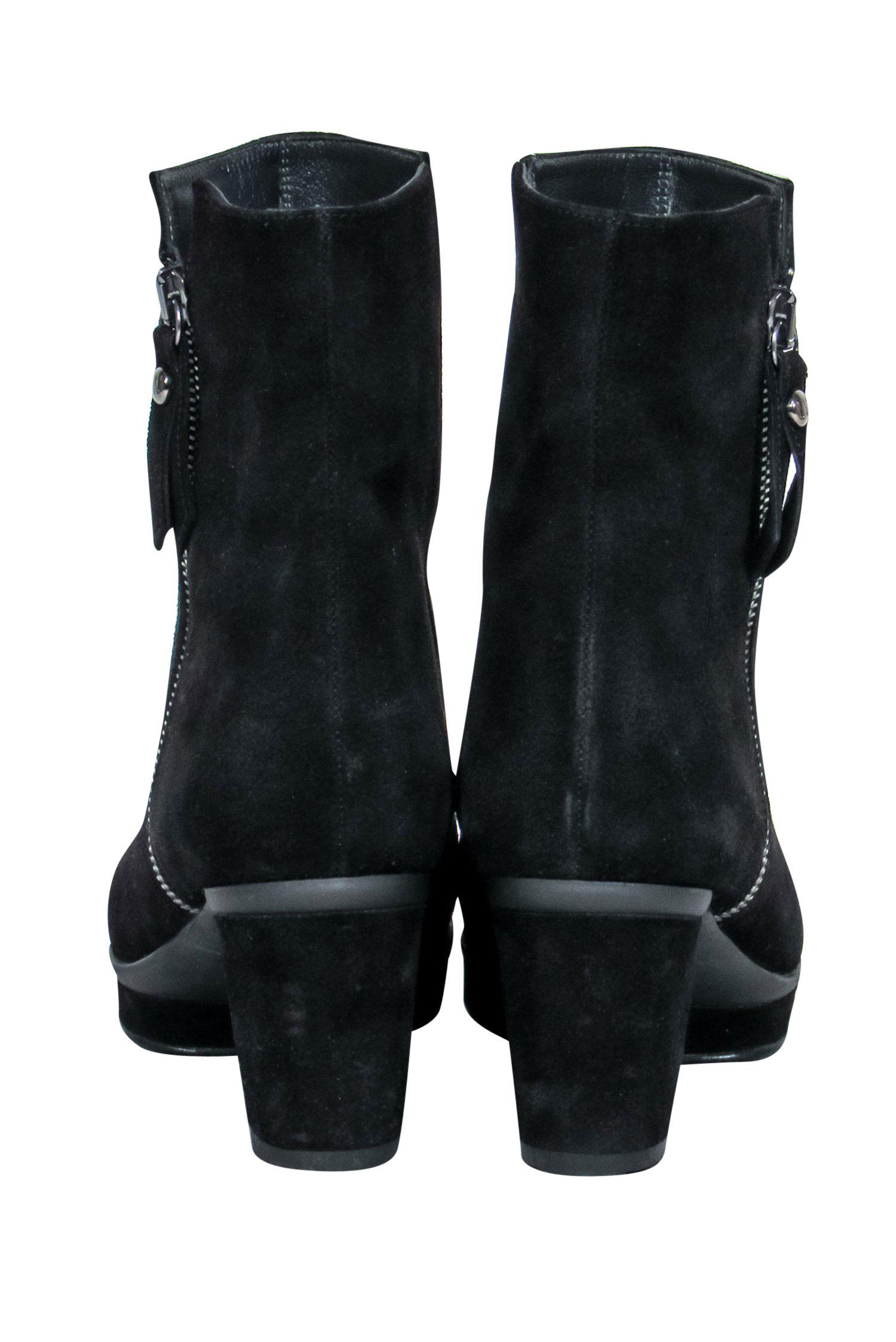 Stuart Weitzman's Chic Black Suede Block Heel Platform Ankle Booties - Size 5.5