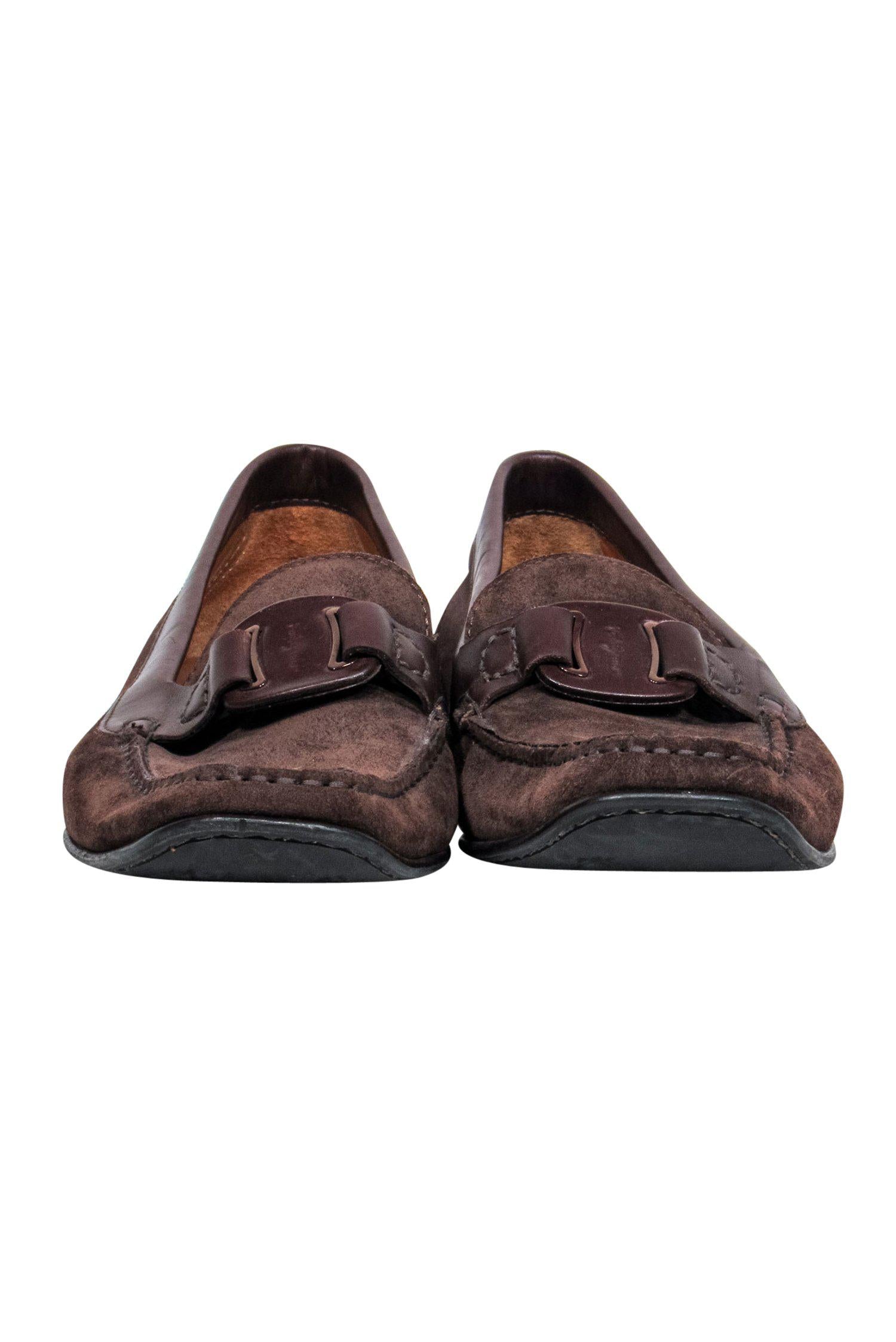Ferragamo Brown Suede Loafers with Leather Strap - Size 9.5: A Timeless Office Essential