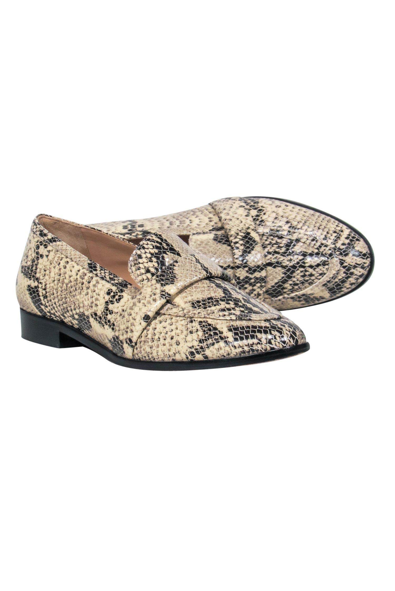 Schutz Beige & Black Leather Snakeskin Print Loafers - Size 7.5: A Fierce Fashion Statement!