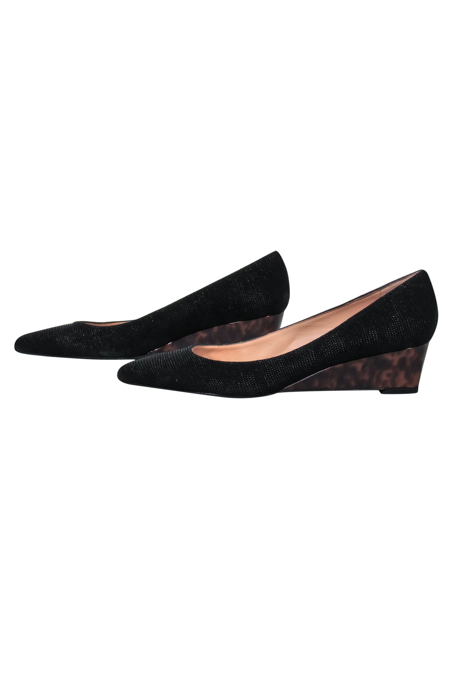 Stuart Weitzman Black Textured Pointed Toe Wedges with Tortoise Shell - Size 7.5: A Chic Office Essential