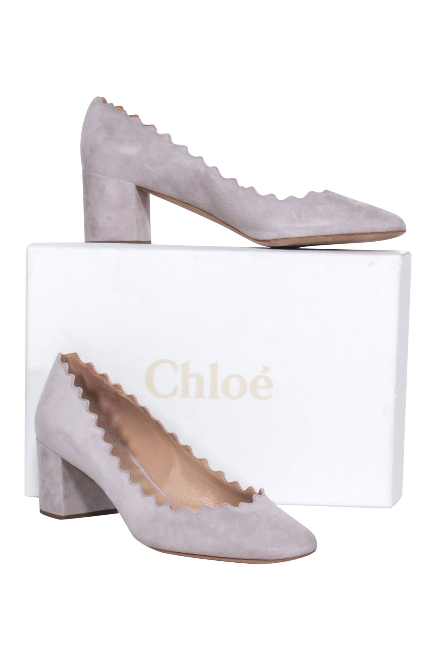 Chloe Light Grey Suede Scalloped Block Heel Lauren Pumps - Size 11