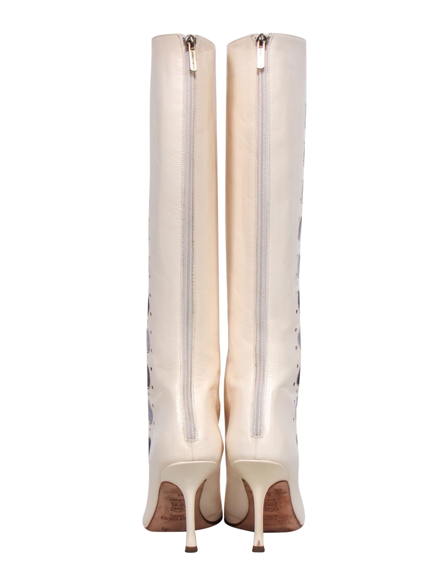 Jimmy Choo Ivory Pointed-Toe Stiletto Go-Go Boots with Blue Bubble Cutouts - Size 8