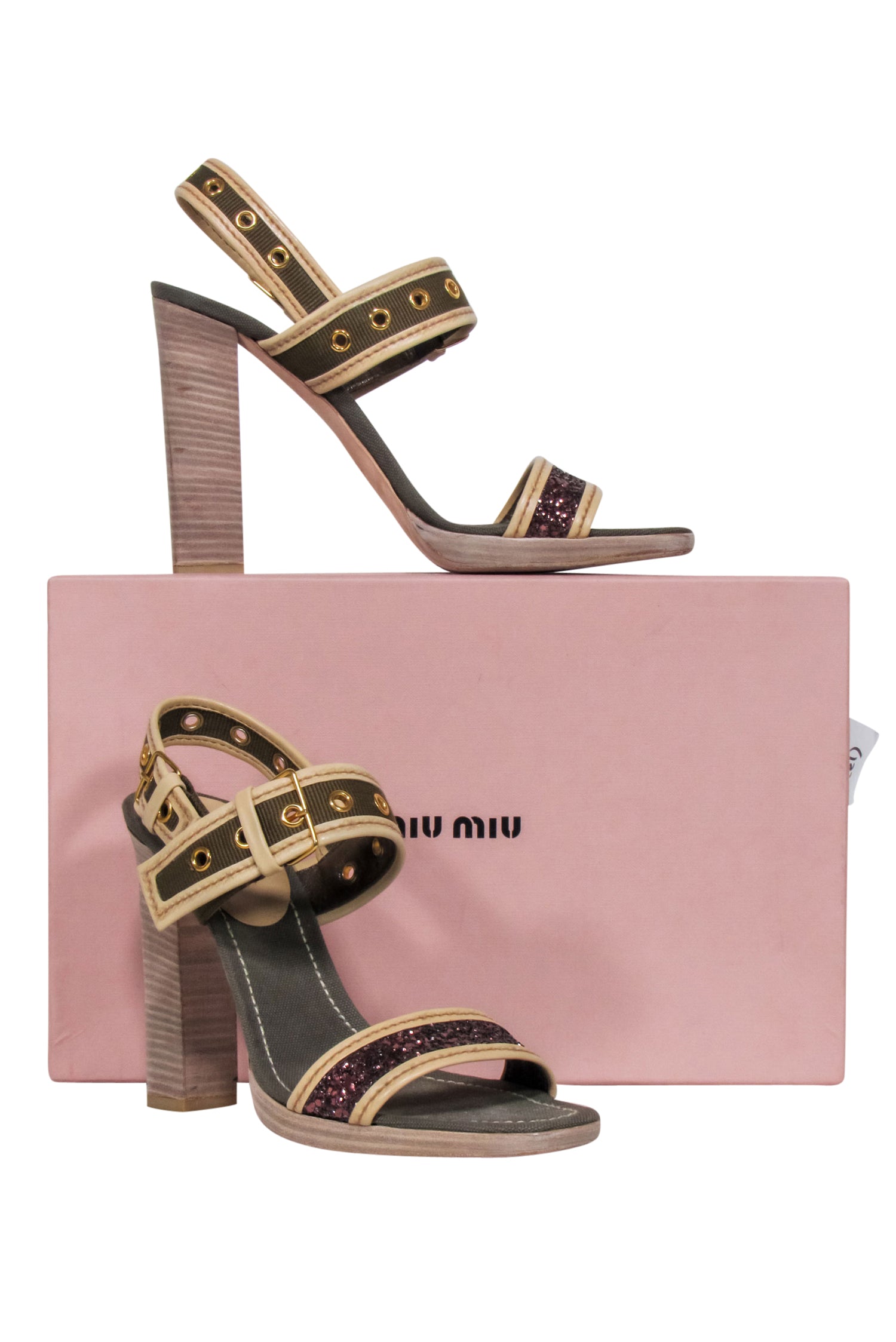 Miu Miu - Stunning Olive Green Canvas Open Toe Pumps with Purple Glitter Strap, Size 10