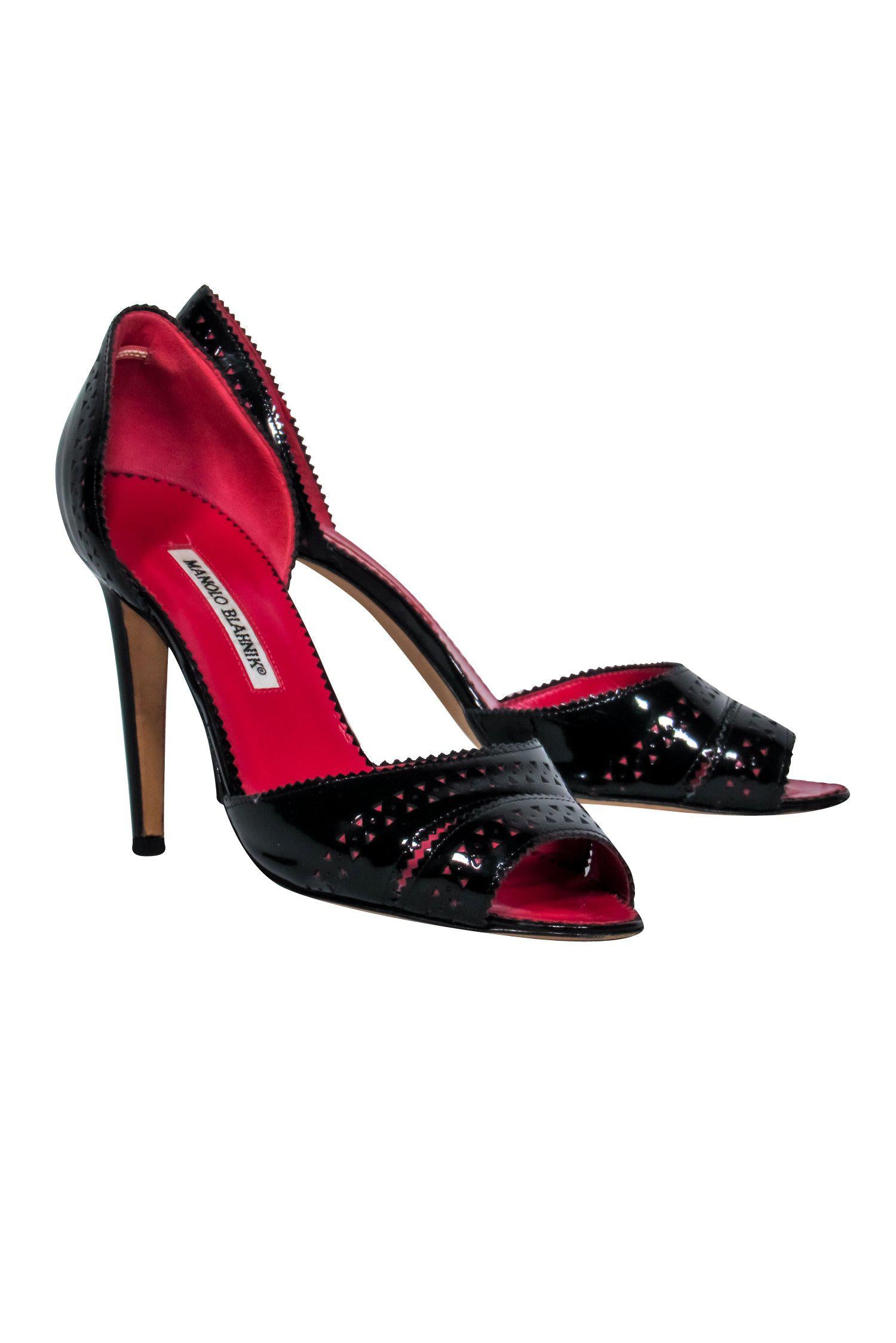 Manolo Blahnik's Stunning Black Patent Leather Laser - Cut Open - Toe Pumps in Size 11