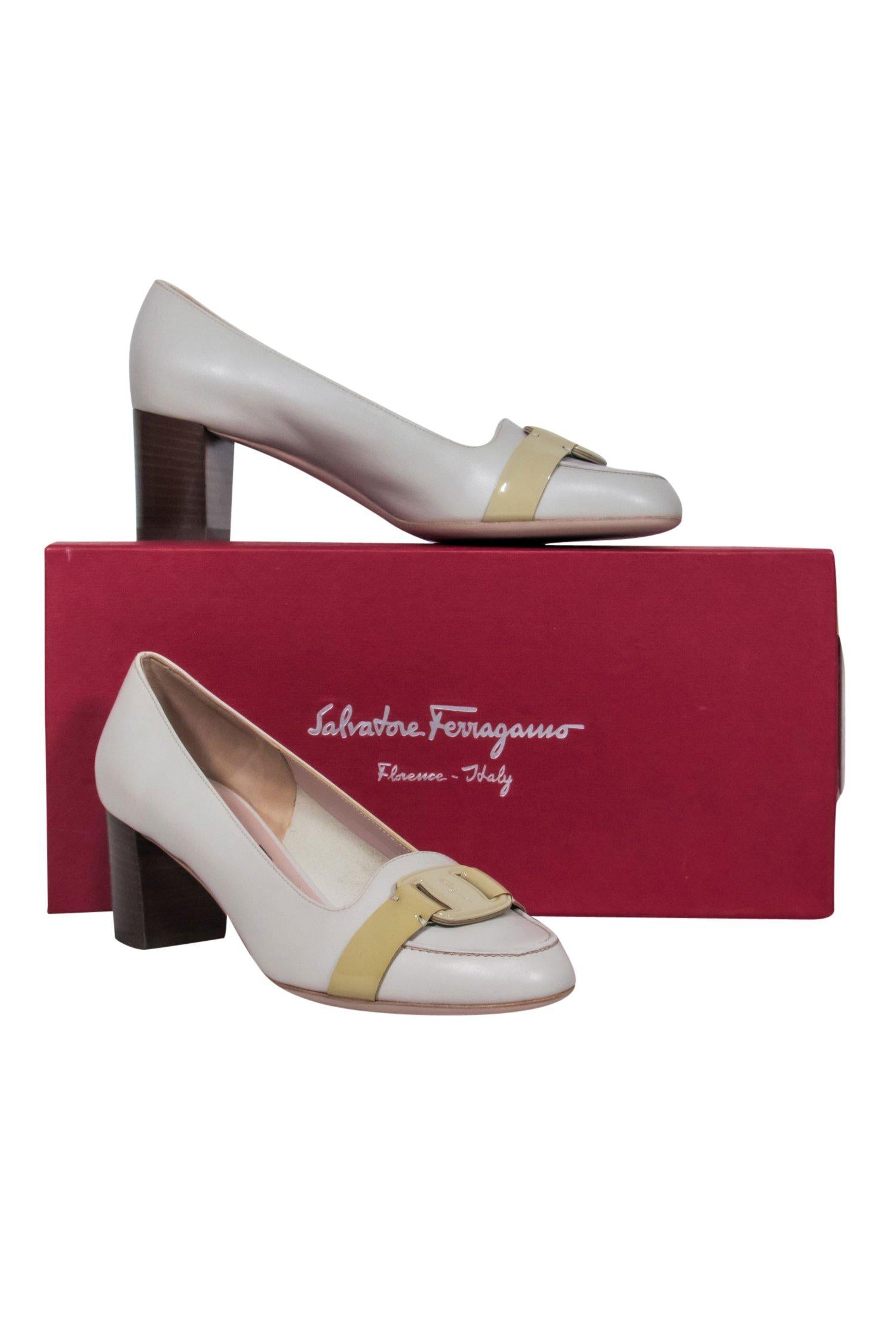 Ferragamo Gabriel Block Heel: Classy Ivory Leather with Buckles, Size 6.5