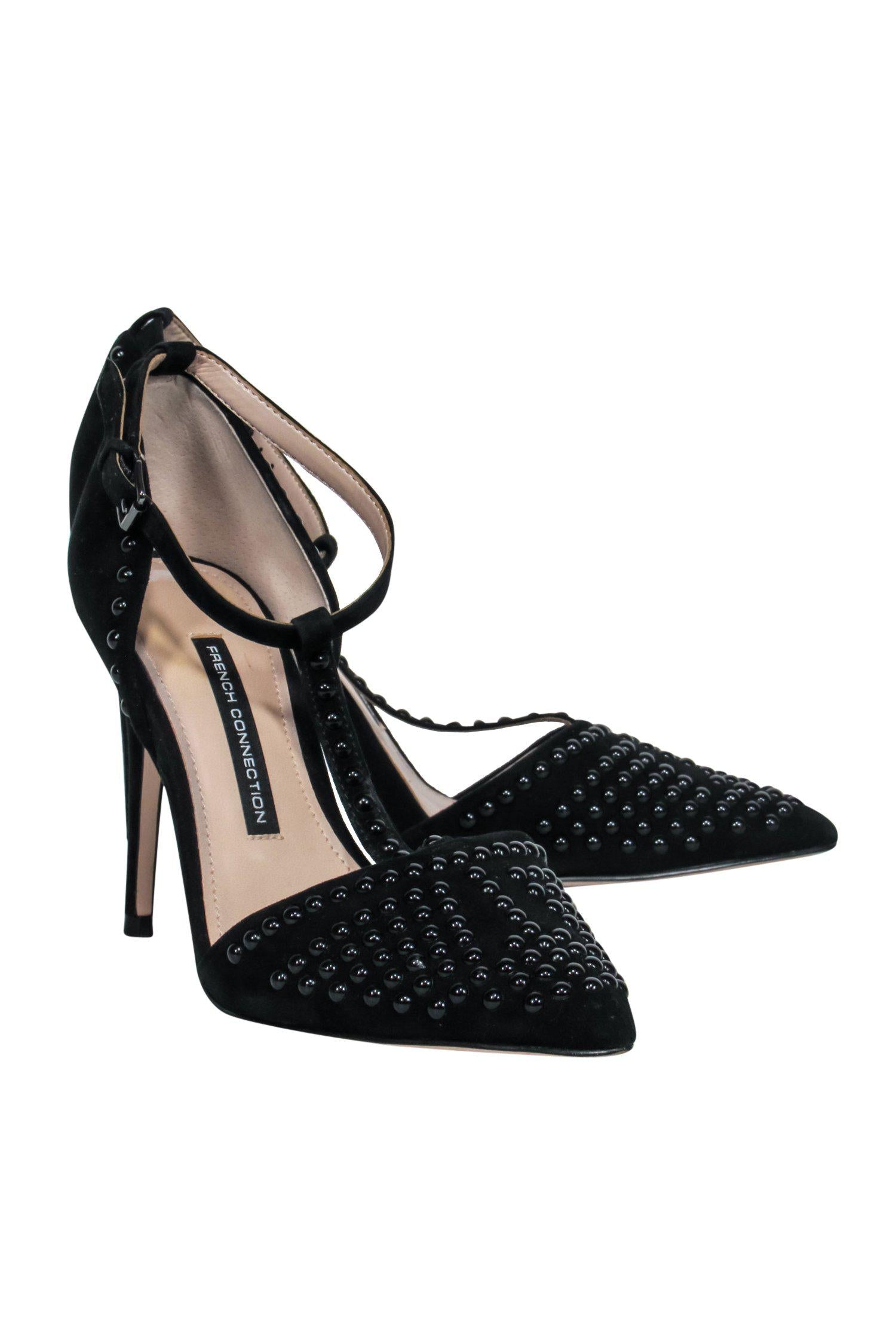 French Connection Elanah Black Suede Studded Pointed Toe Pumps - Size 8.5