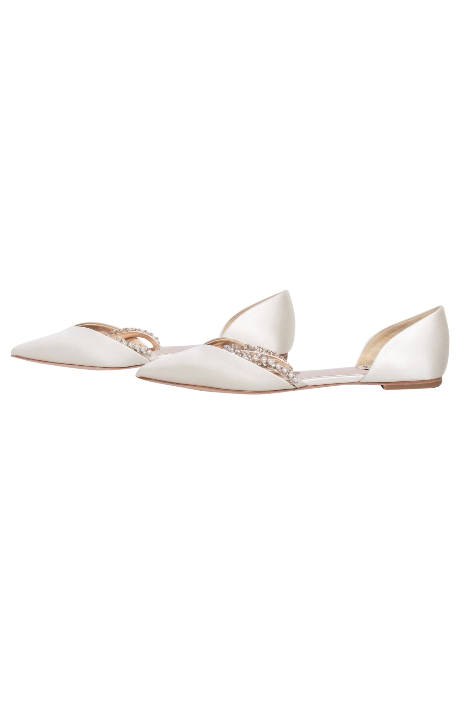 Badgley Mischka Ivory Satin Glamorous Embellished Strap Flats - Size 9.5