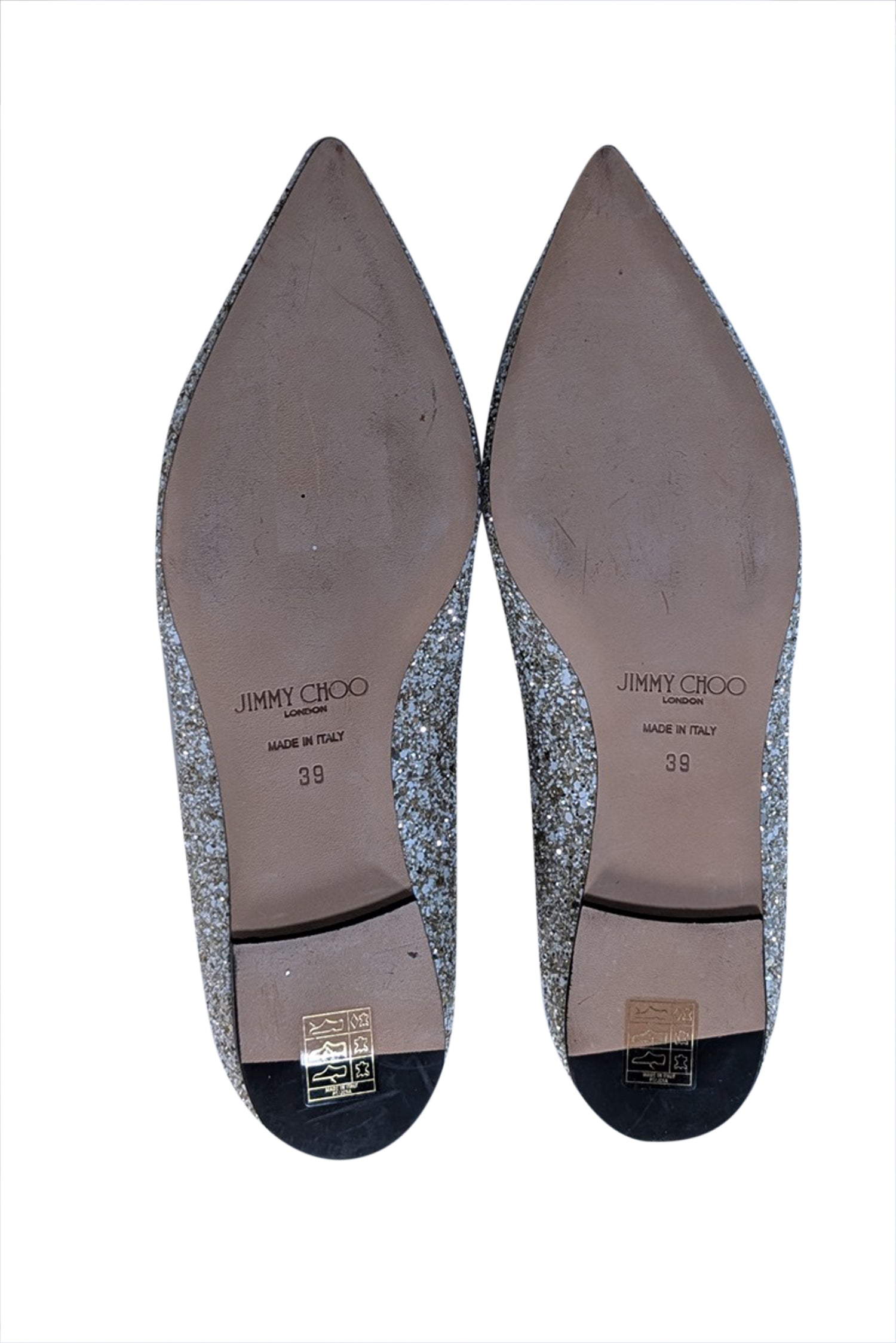 Jimmy Choo Gold & White Glitter Pointed-Toe Flats - Size 9: Sparkle in Style!