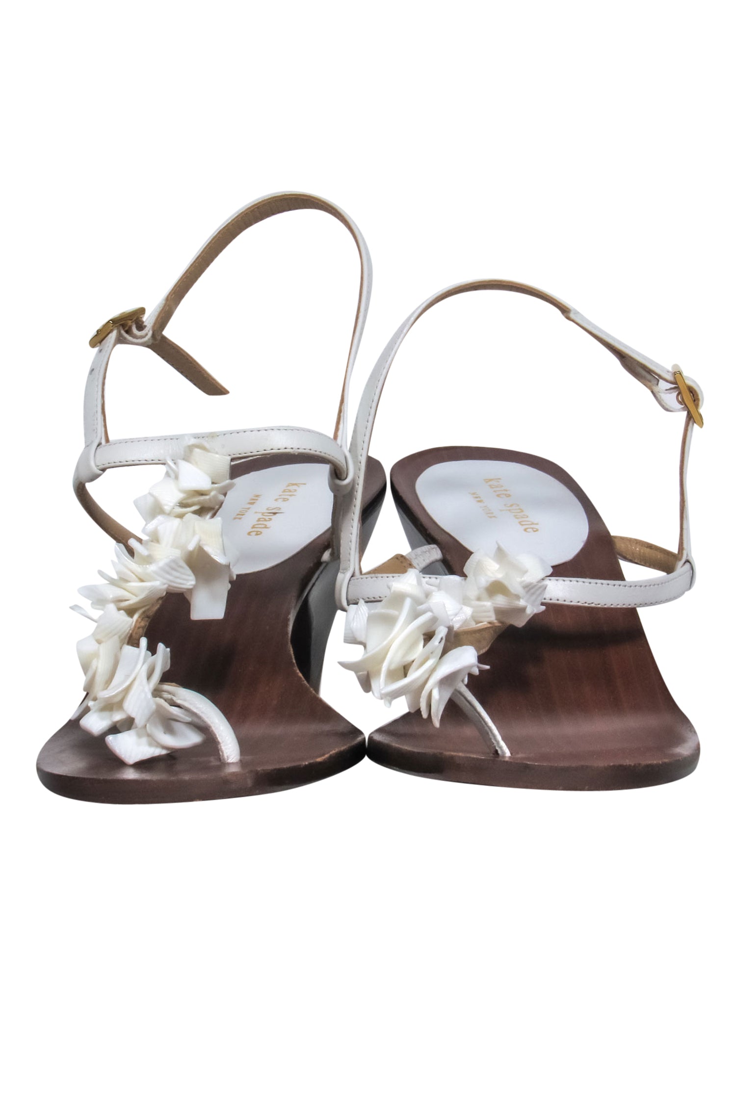 Kate Spade White Seashell T-Strap Wooden Kitten Heel Sandals - Size 8 - Perfect for Summer!