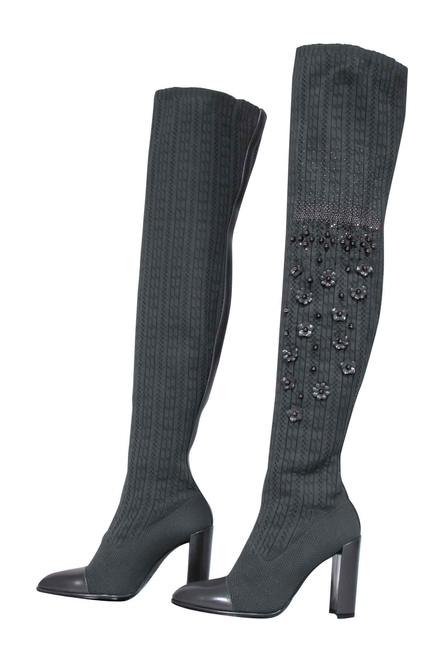 Stuart Weitzman - Gorgeous Grey Knit Over-the-Knee Heeled Boots with Sparkling Embellishments, Size 7.5