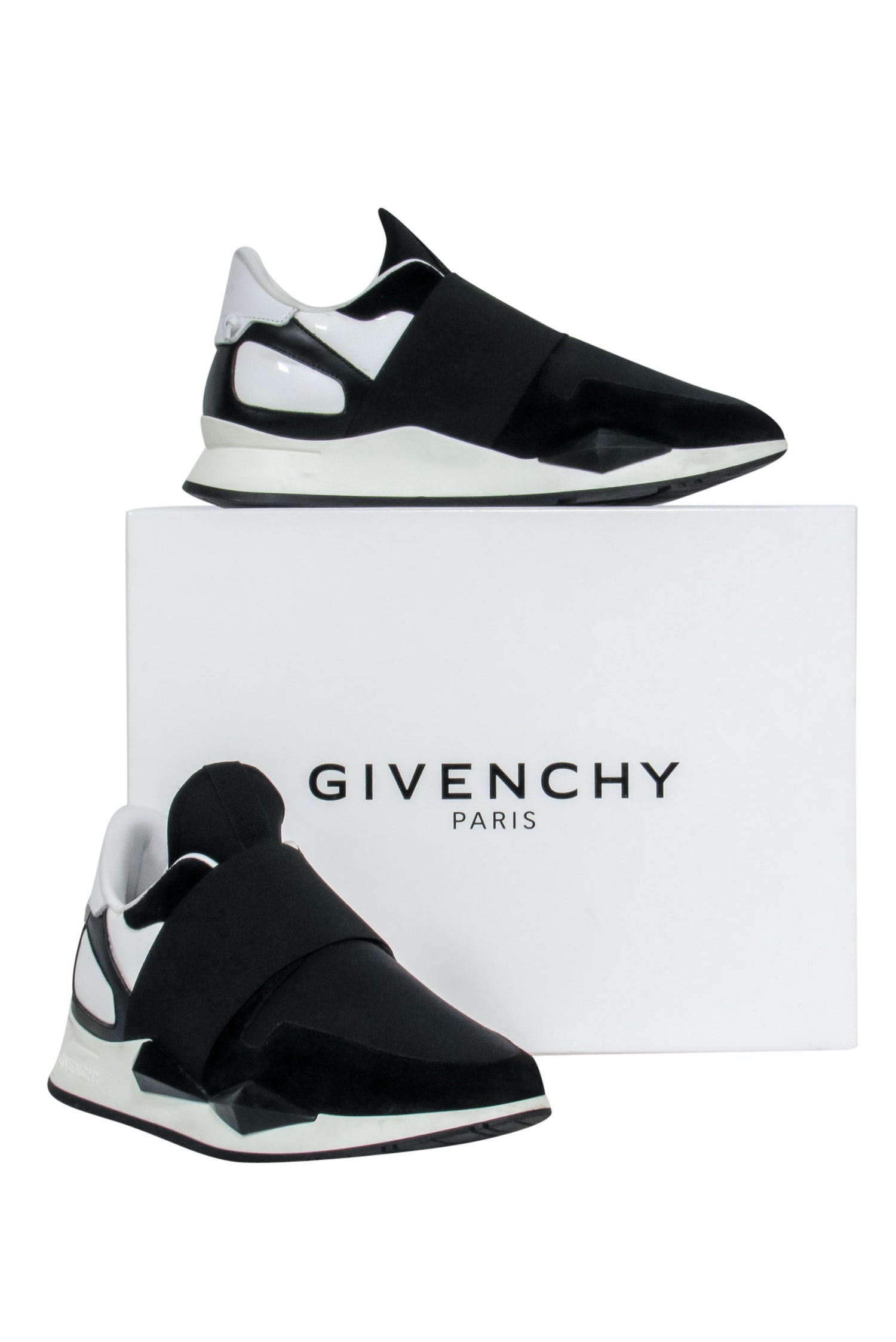 Givenchy - Stylish Black & White Suede & Patent Leather Platform Sneakers with Elastic Strap, Size 8
