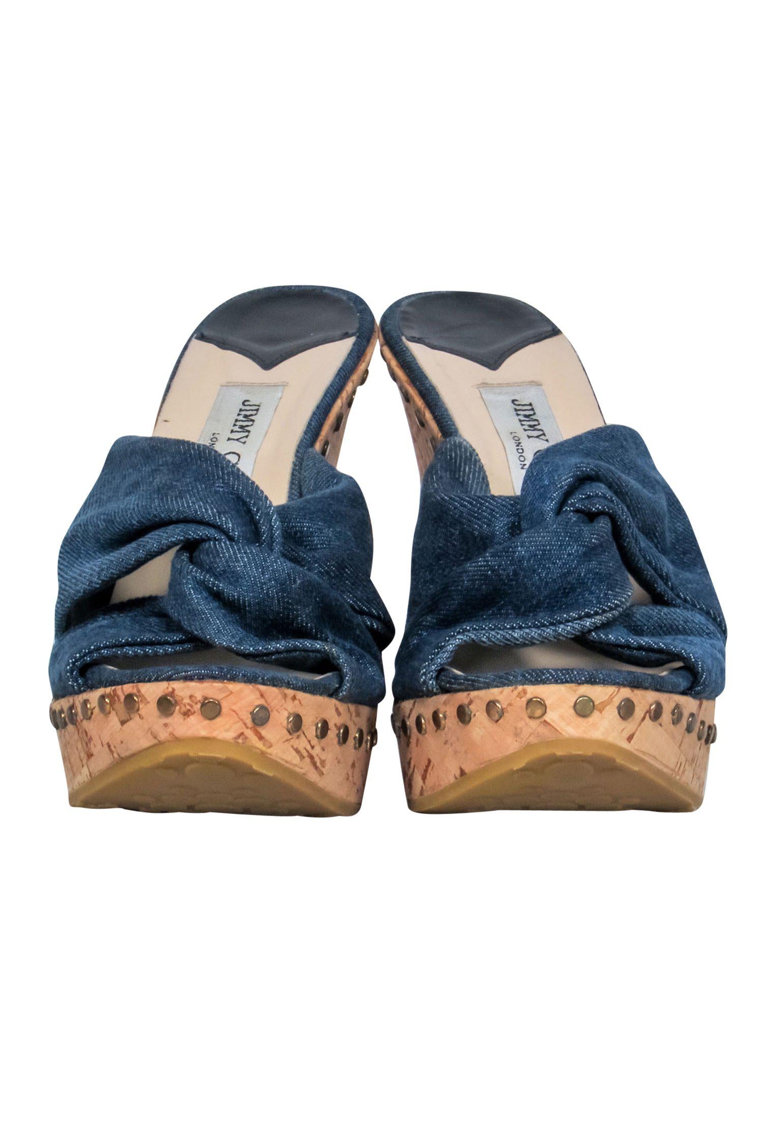 Jimmy Choo Denim Knotted Open Toe Cork Platform Palm Wedges - Size 11: A Summer Must-Have!