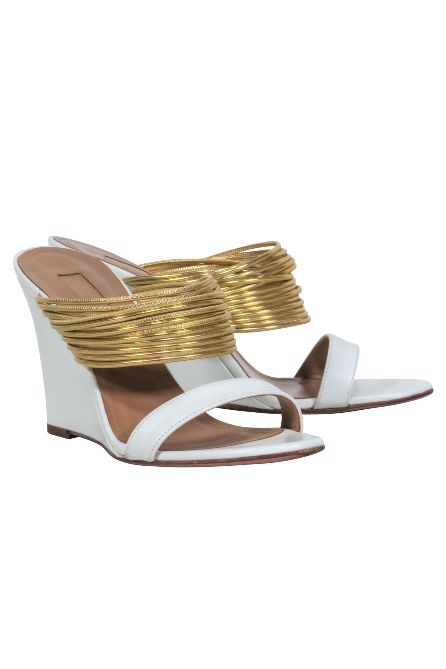 Aquazzura White & Gold Glamorous Mule Wedges - Size 7
